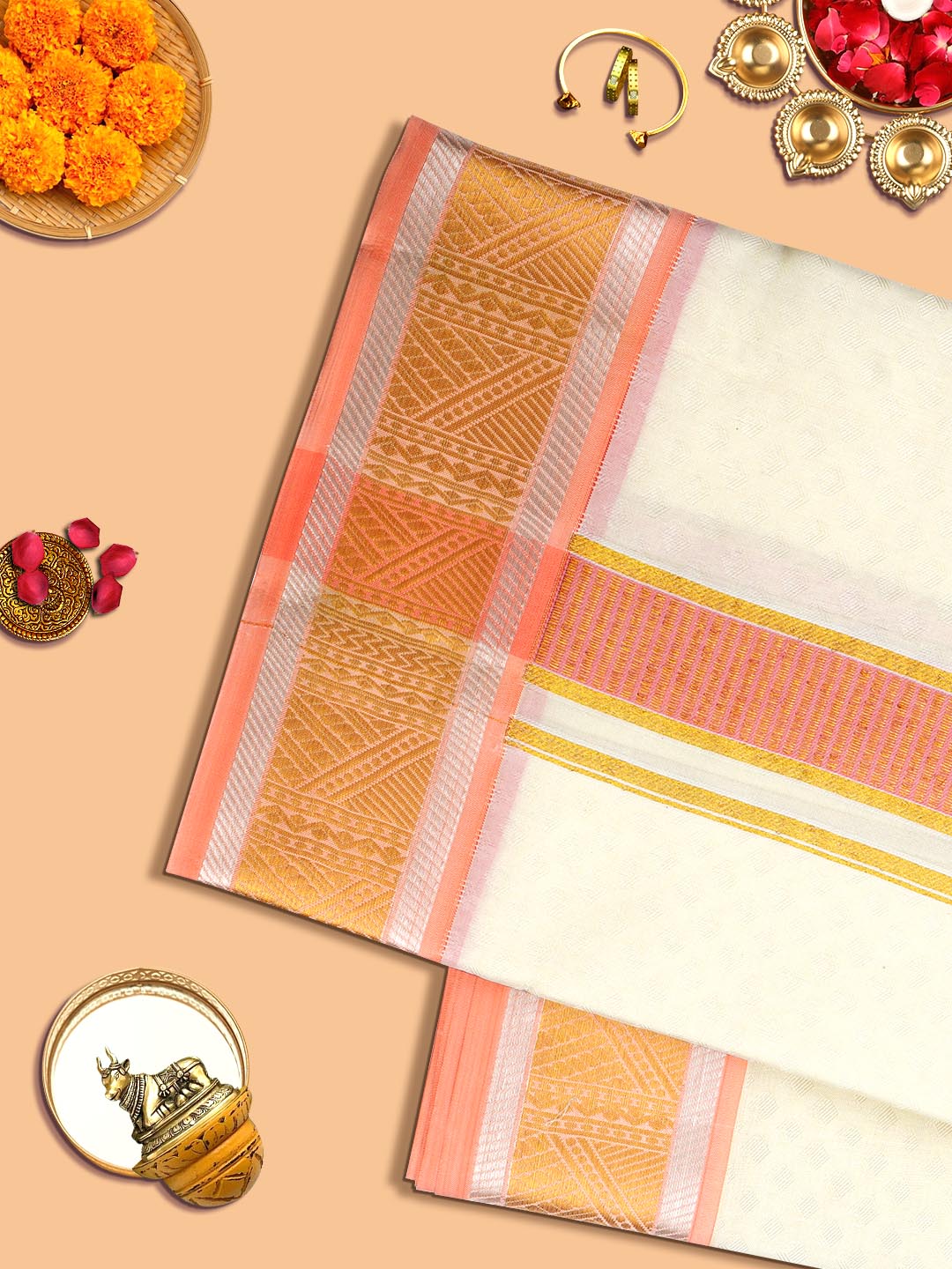 Mens Pure Silk Cream Embossed Design 2" Orange Jari Border With Towel Thirukalyan-View three