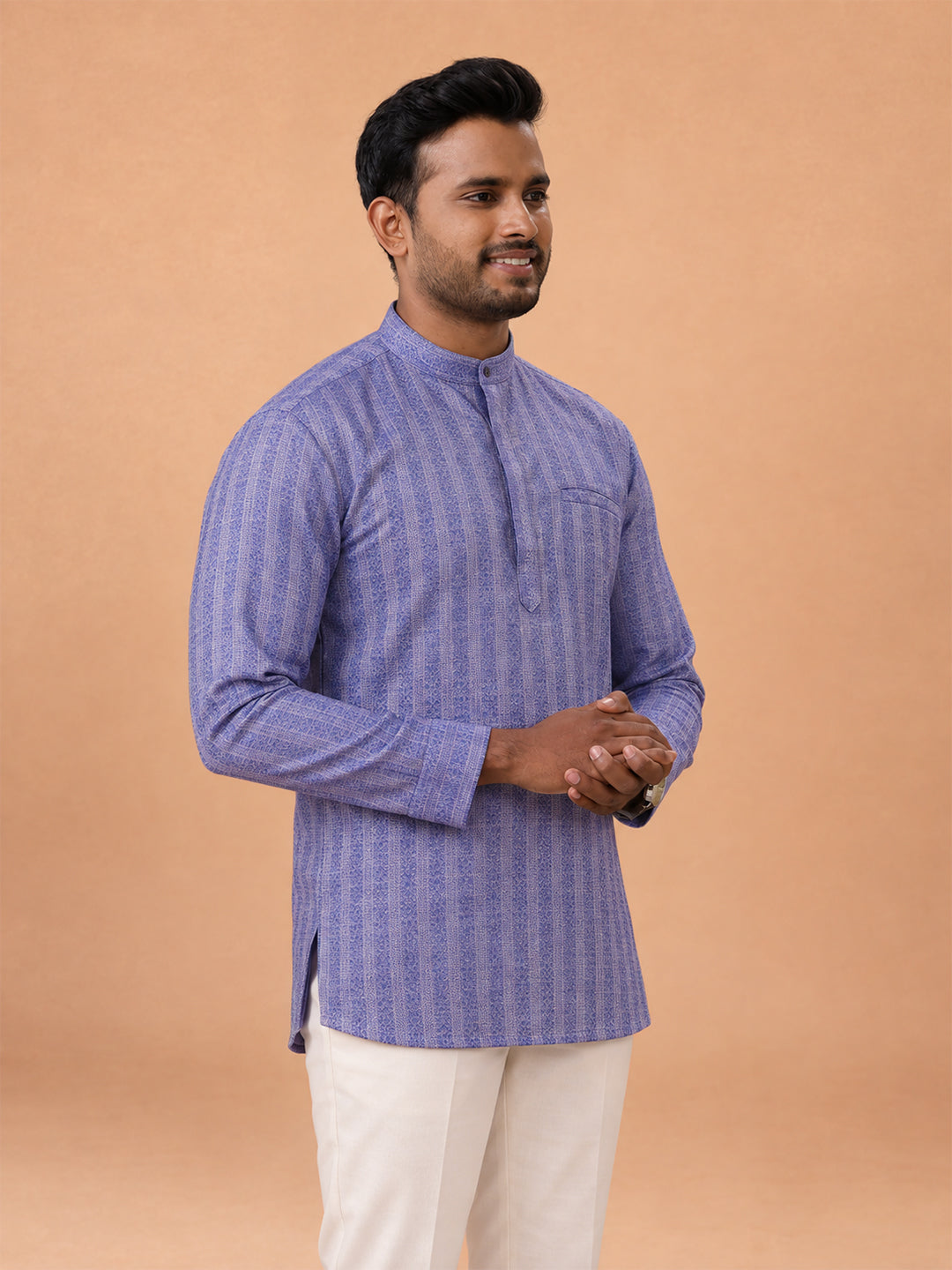 Cotton Short Length Self Design Pocket Kurta Blue Embriod RJ51