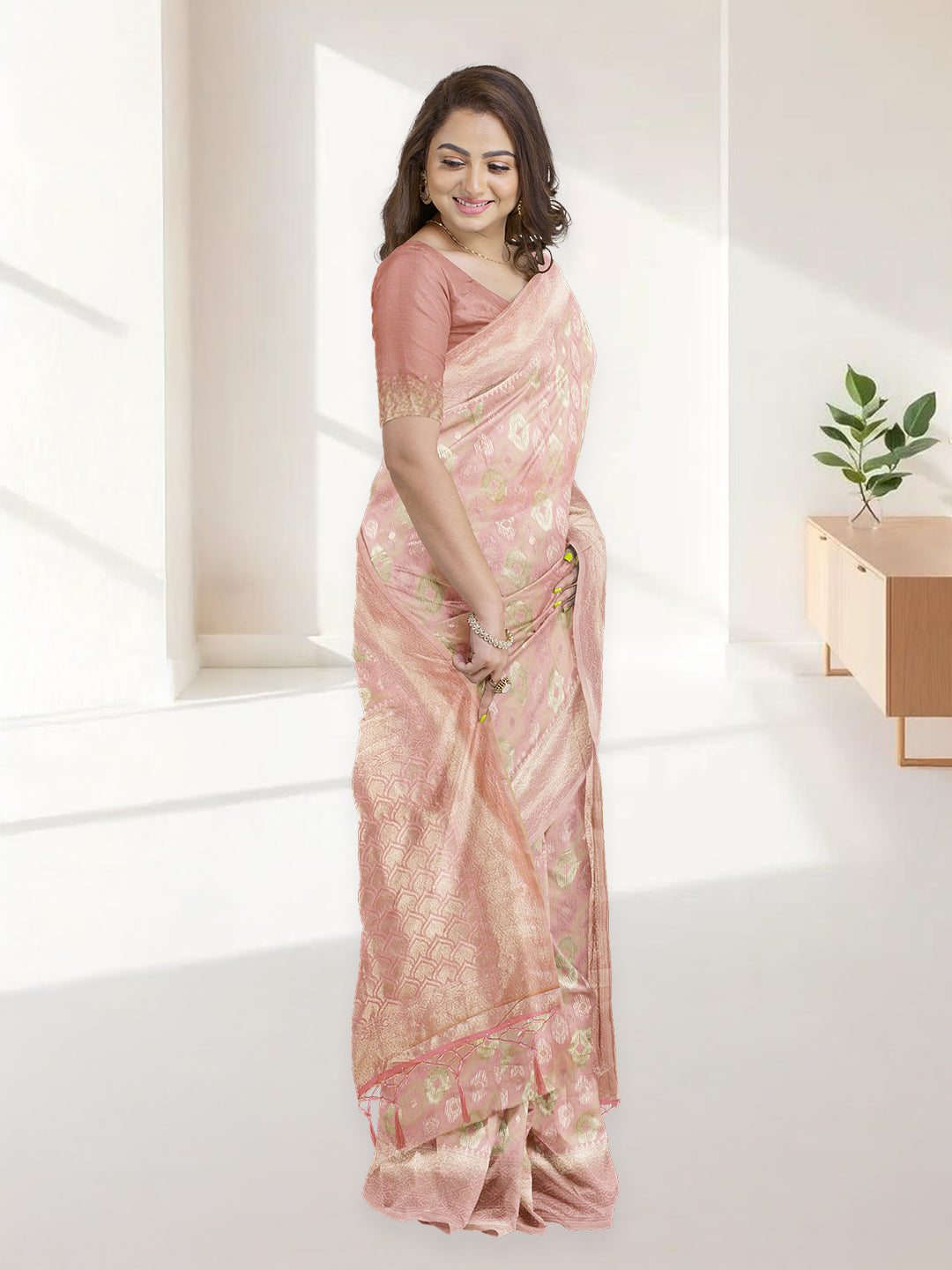Women Peach Cotton Weaving Saree PCS191