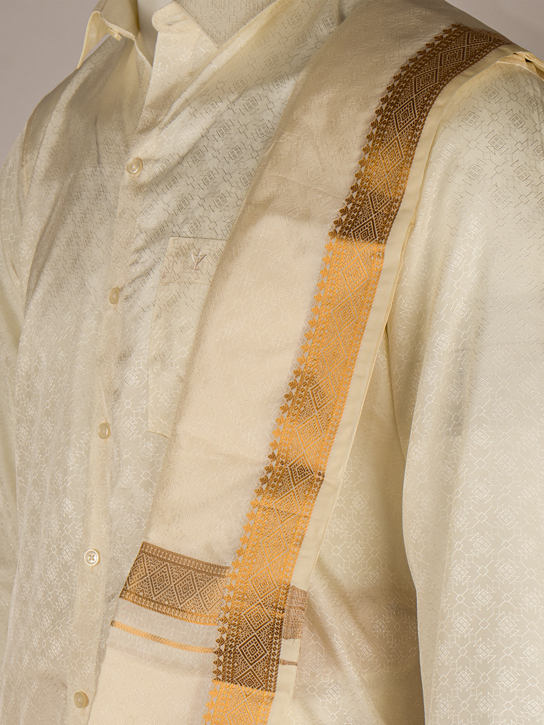 Men Art Silk Cream Self Design Shirt & Dhoti Towel Set Parinayam Grand CRJD4