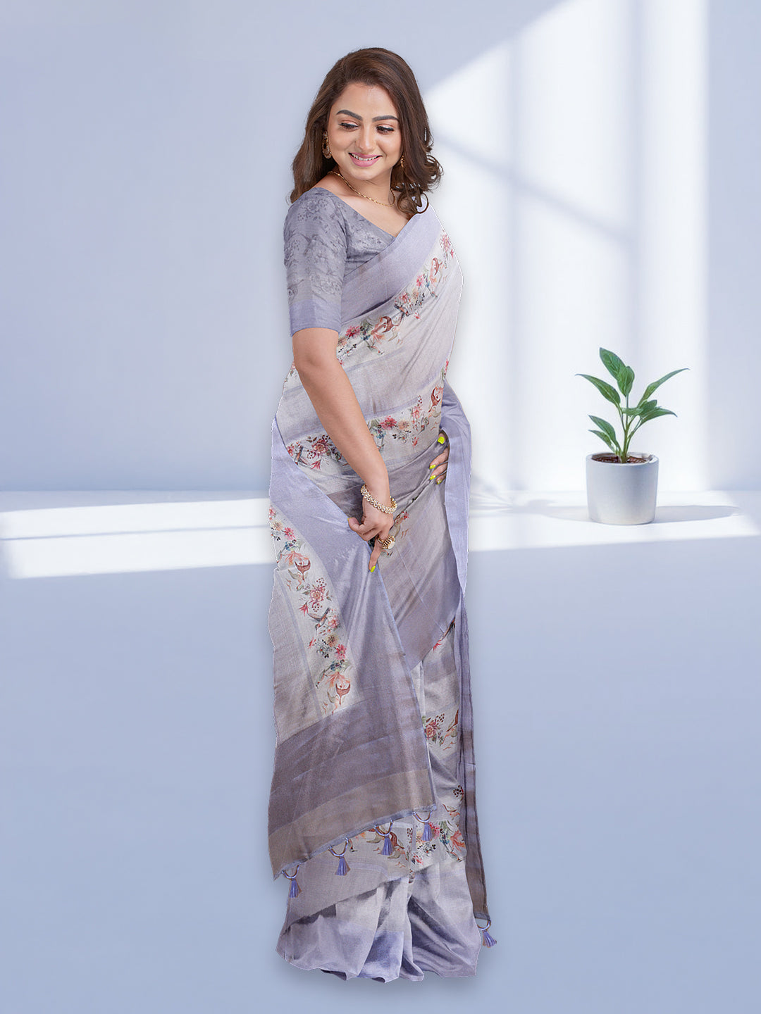 Women Lavender Semi Tussar Printed Saree ST291