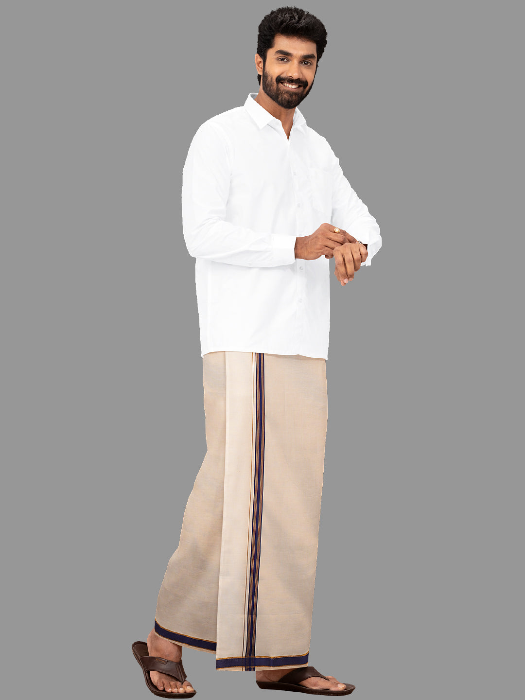 Men Tissue Adjustable Pocket Dhoti Blue Fancy Jari Border