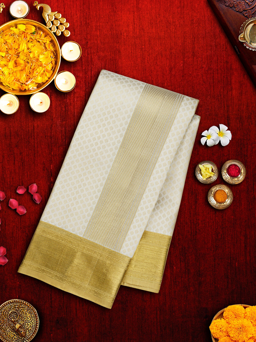 Premium Pure Silk Cream Dhoti With Angavastram 5" Gold Jari Border Agarshanaa-View two