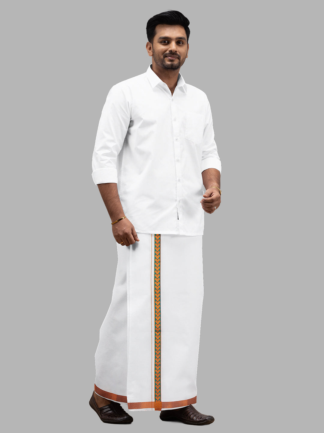 Men Adjustable Green Fancy Jari Border Pocket Dhoti