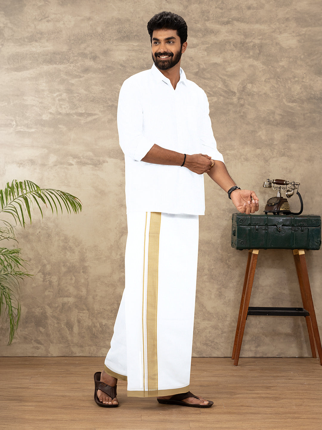 Men Cotton Blend Double Layer White Dhoti with Fancy Border TF12