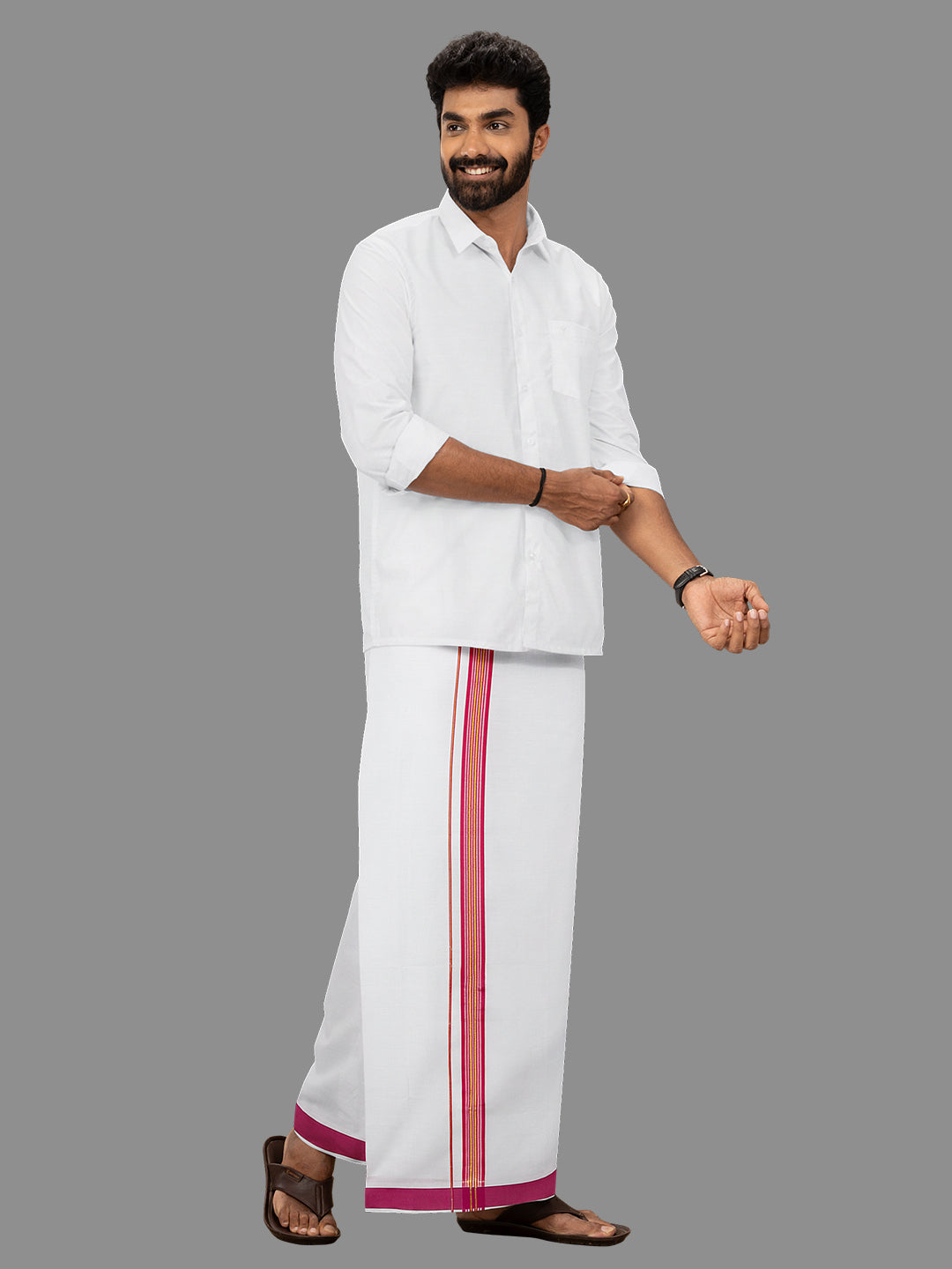 Men White with Pink Fancy Jari Border Single Layer Dhoti WGF02