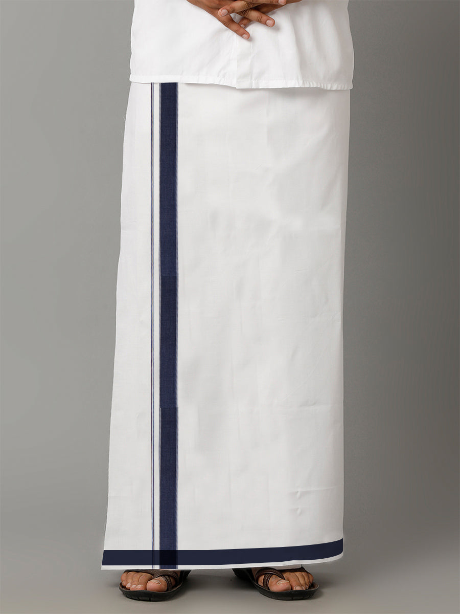 Mens Double Dhoti White with Fancy Border Aaral Dark Navy