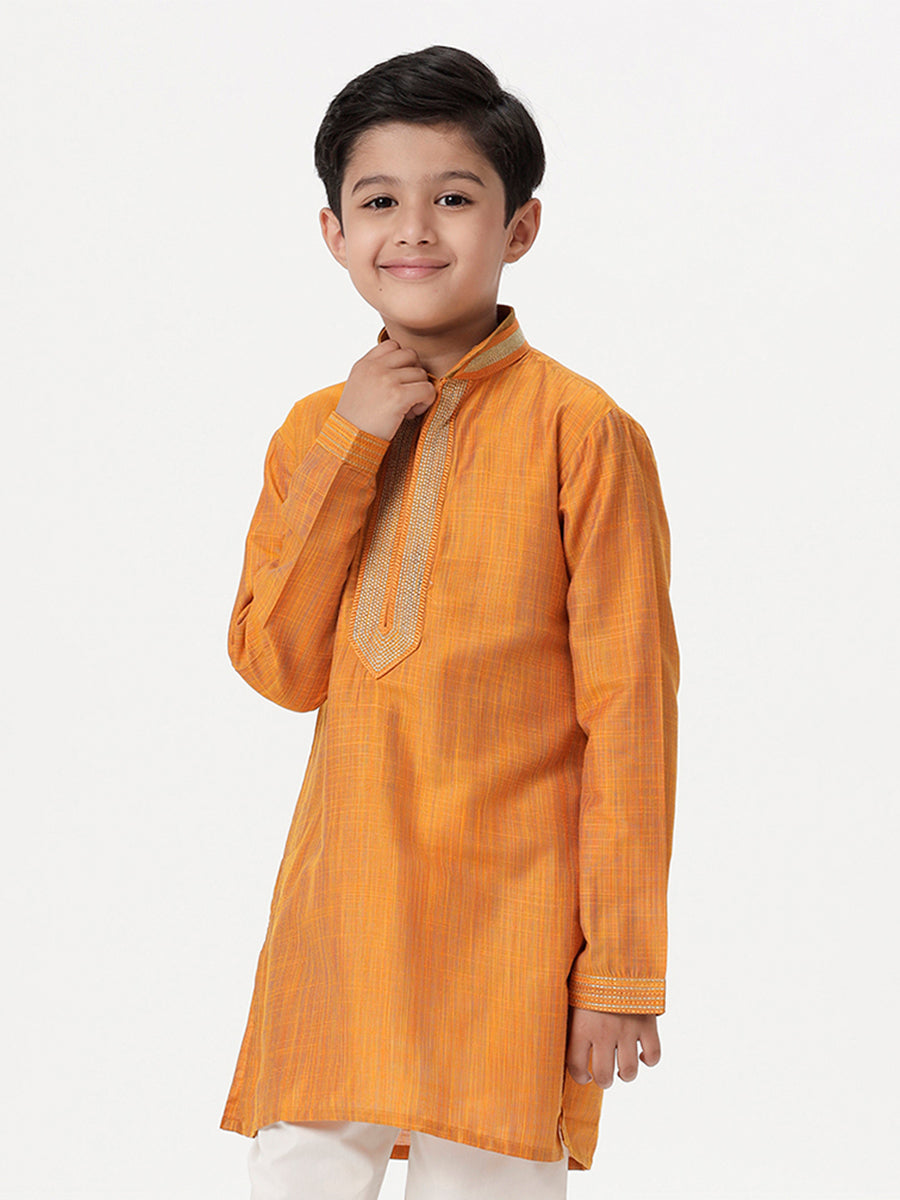 Boys Cotton Embellished Neckline Full Sleeves Orange Kurta-Side view