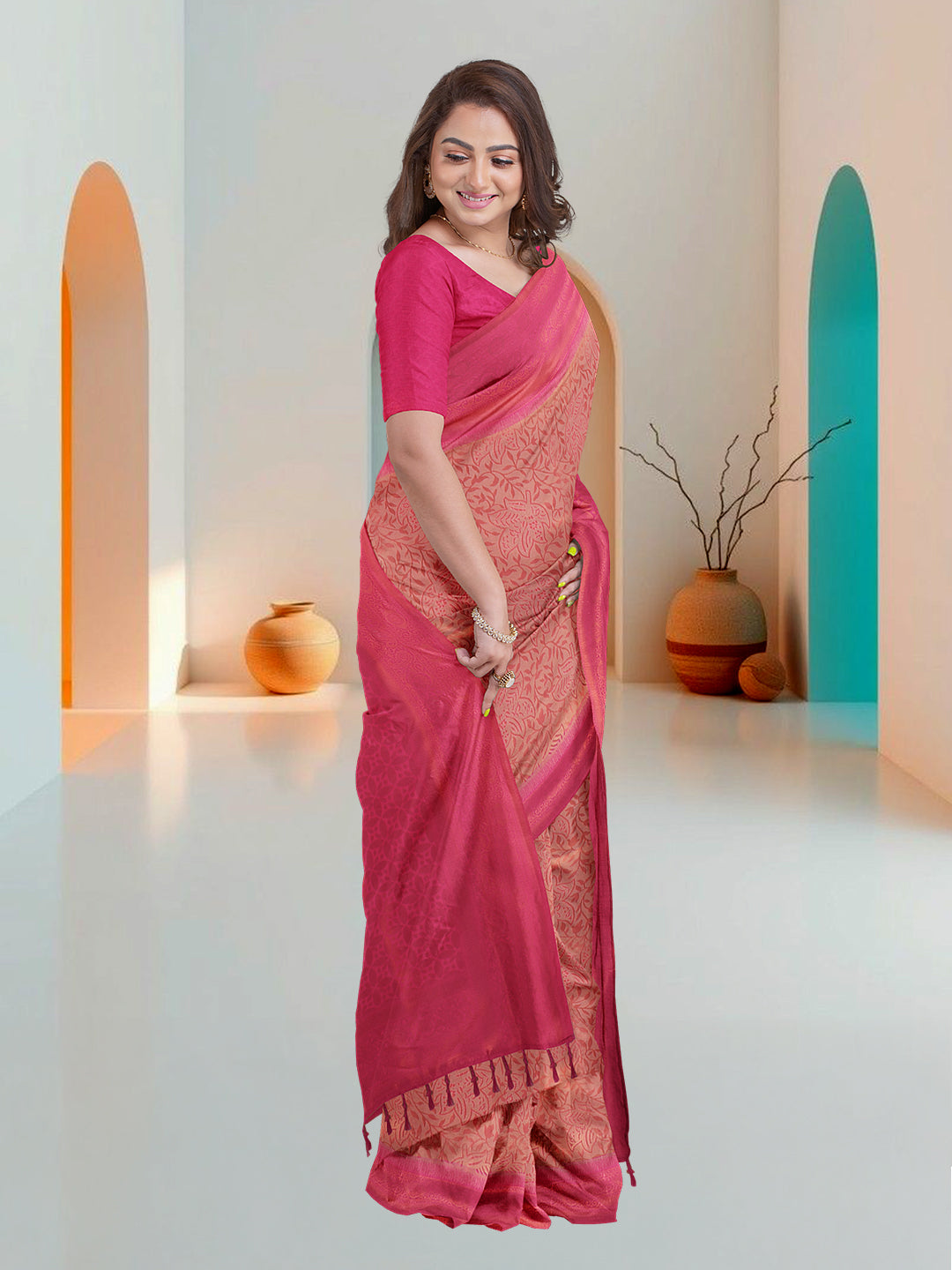 Women Pink Art Silk Printed Saree ASS53