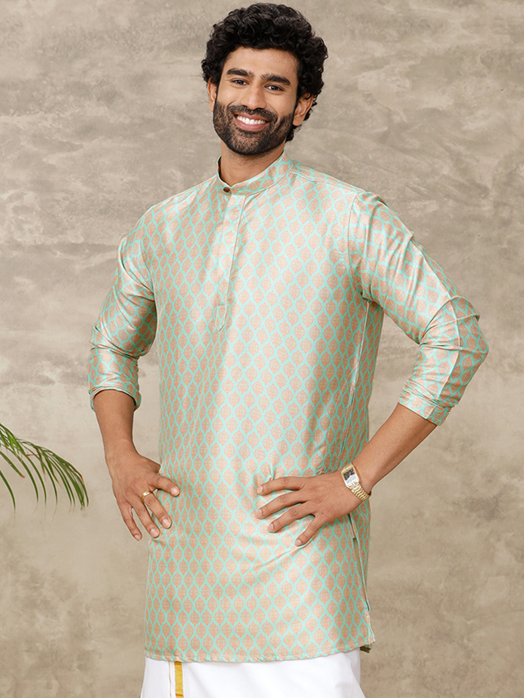 Mens Medium Length Pocket Kurta Orangy Green RE15