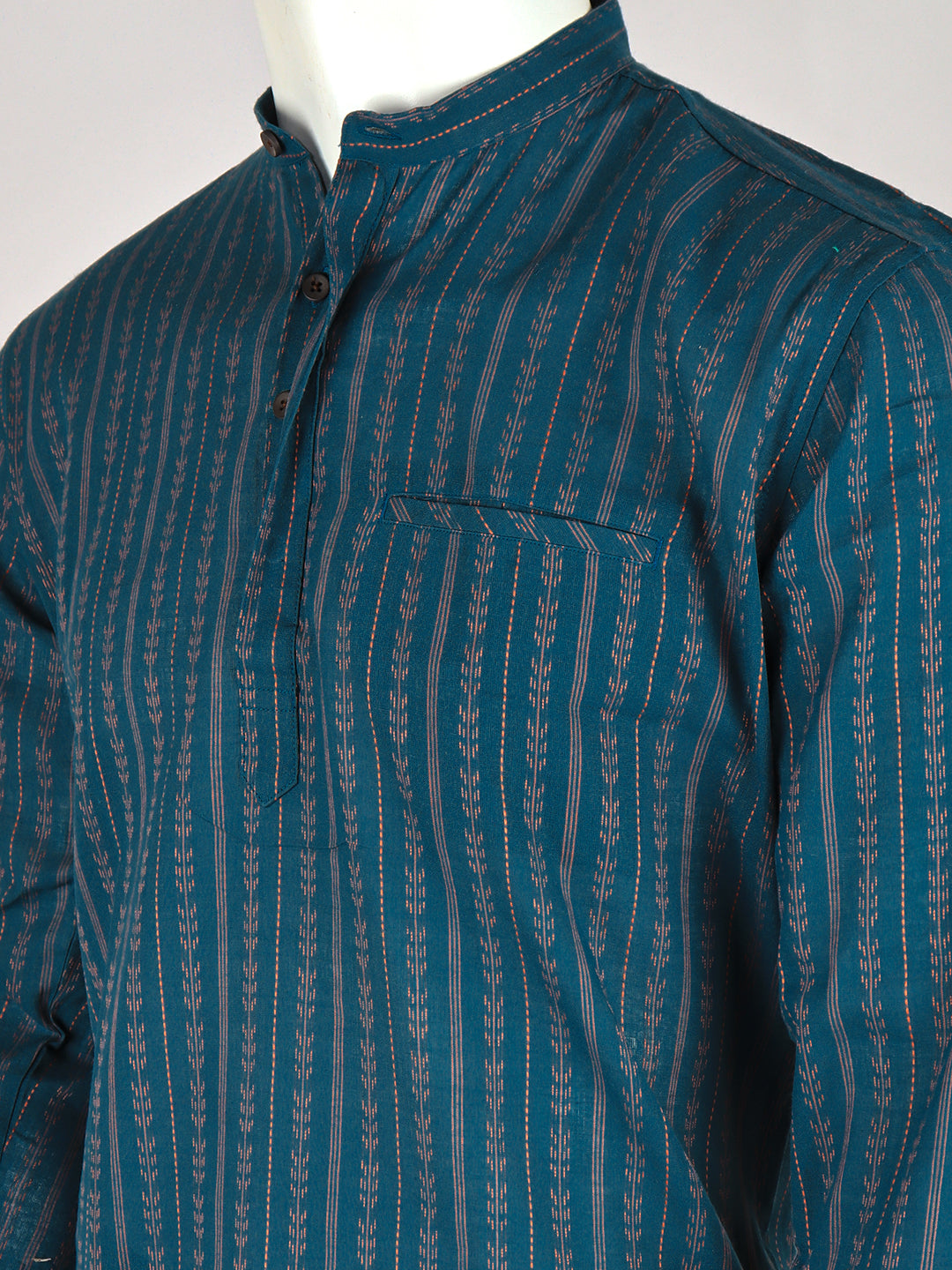 Men Cotton Short Length Self Design Pocket Kurta Peacock Blue RJ47