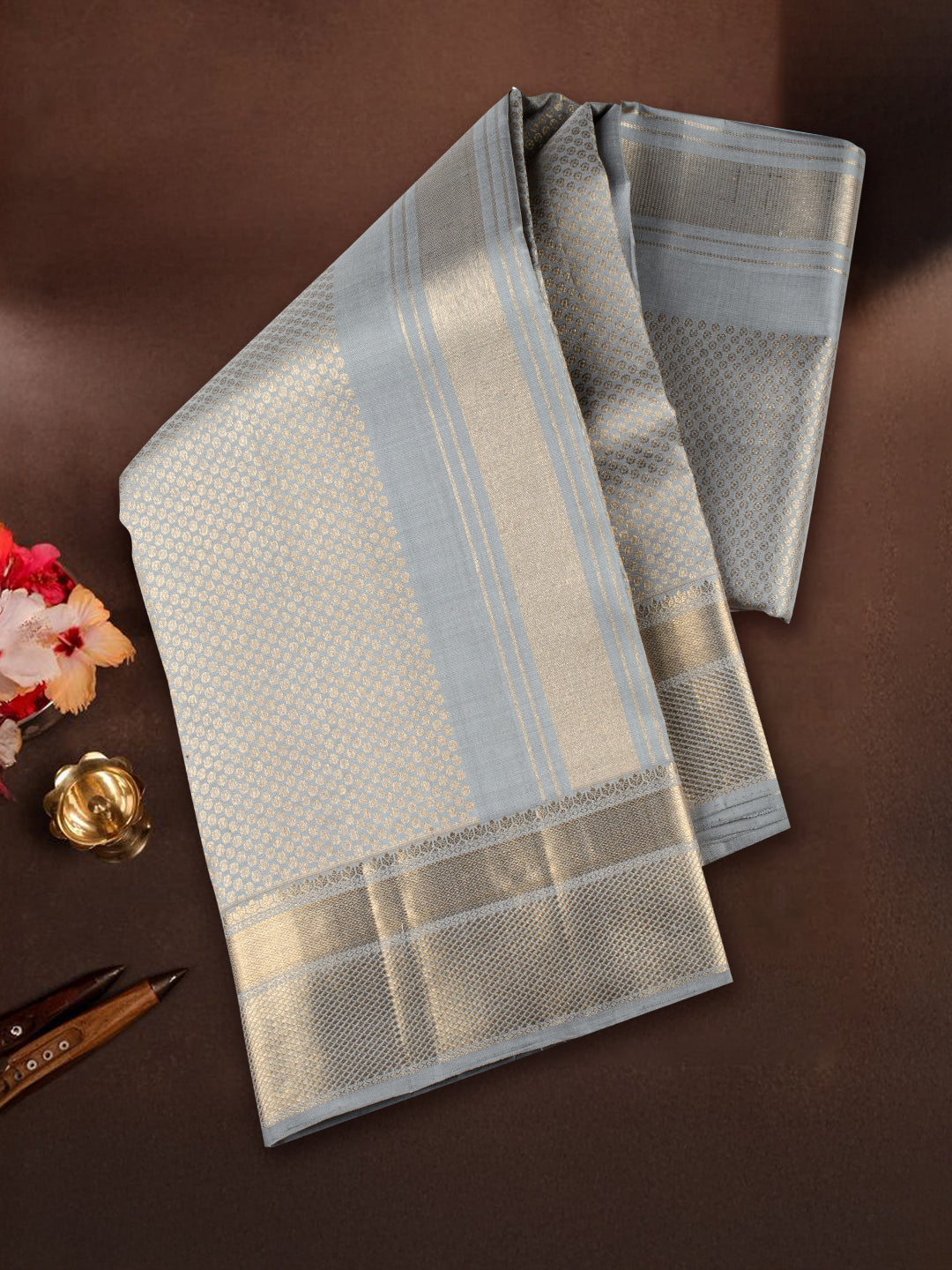Men Premium Pure Silk Grey Dhoti & Towel Set with 6" inch Gold Jari Border Amirtham AM17