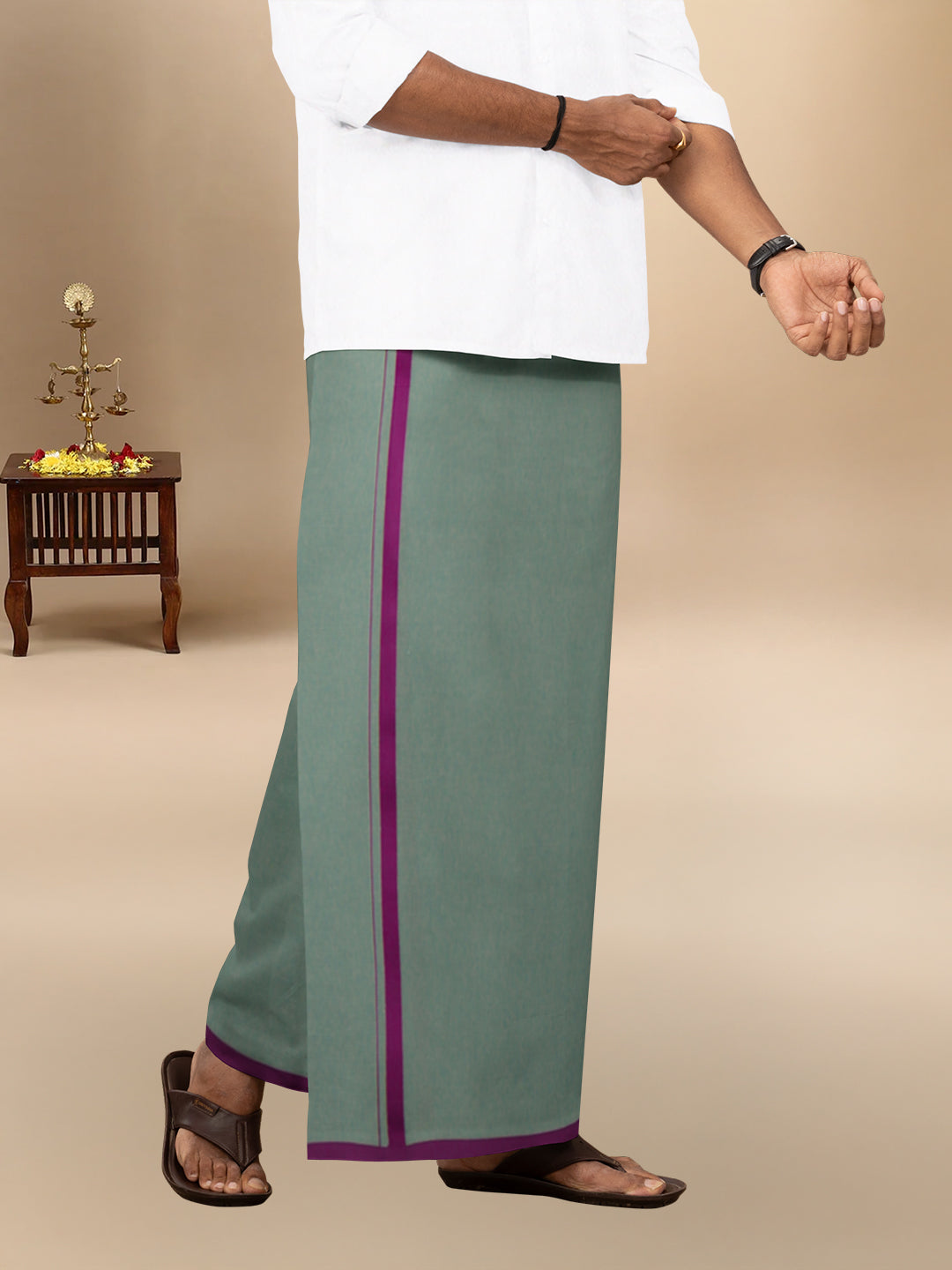 Men 100% Cotton Single Layer Cement Dhoti with Big Border Poojan