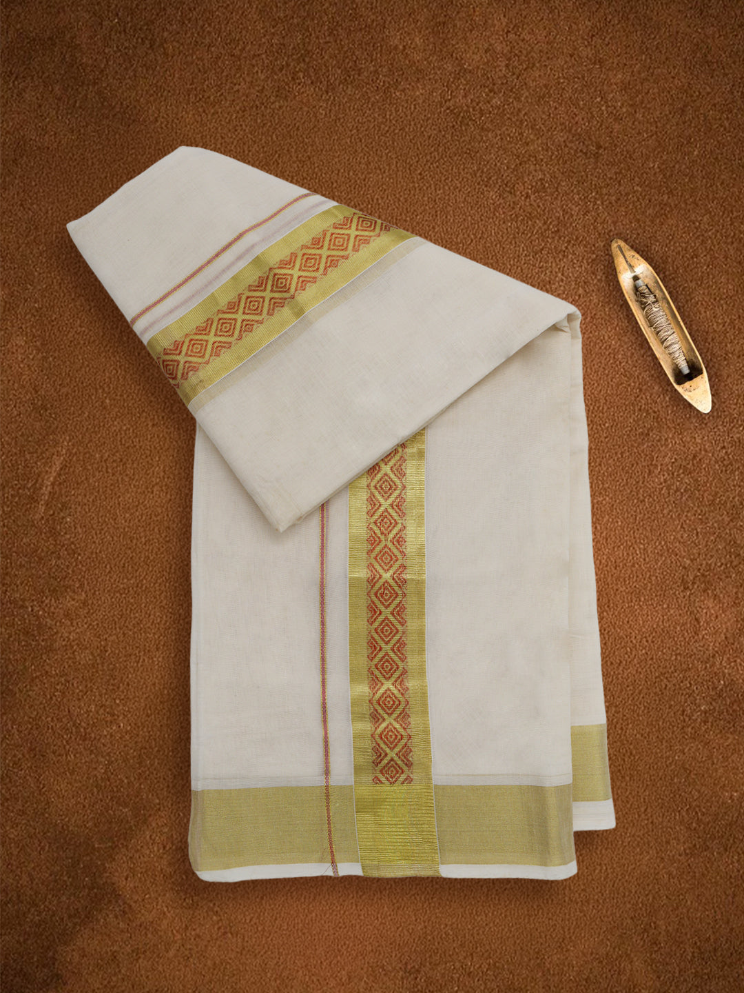 Men Premium Handloom Cream Dhoti with Fancy Jari Border HLM109