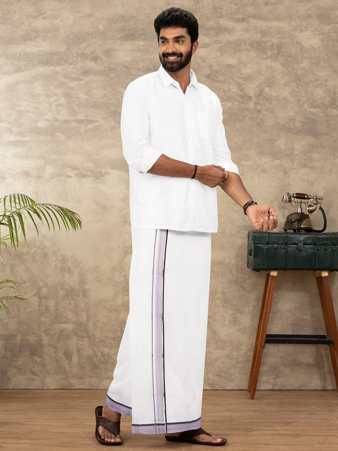 Men 100% Cotton Double Layer White Dhoti with Fancy Jari Border MJF06