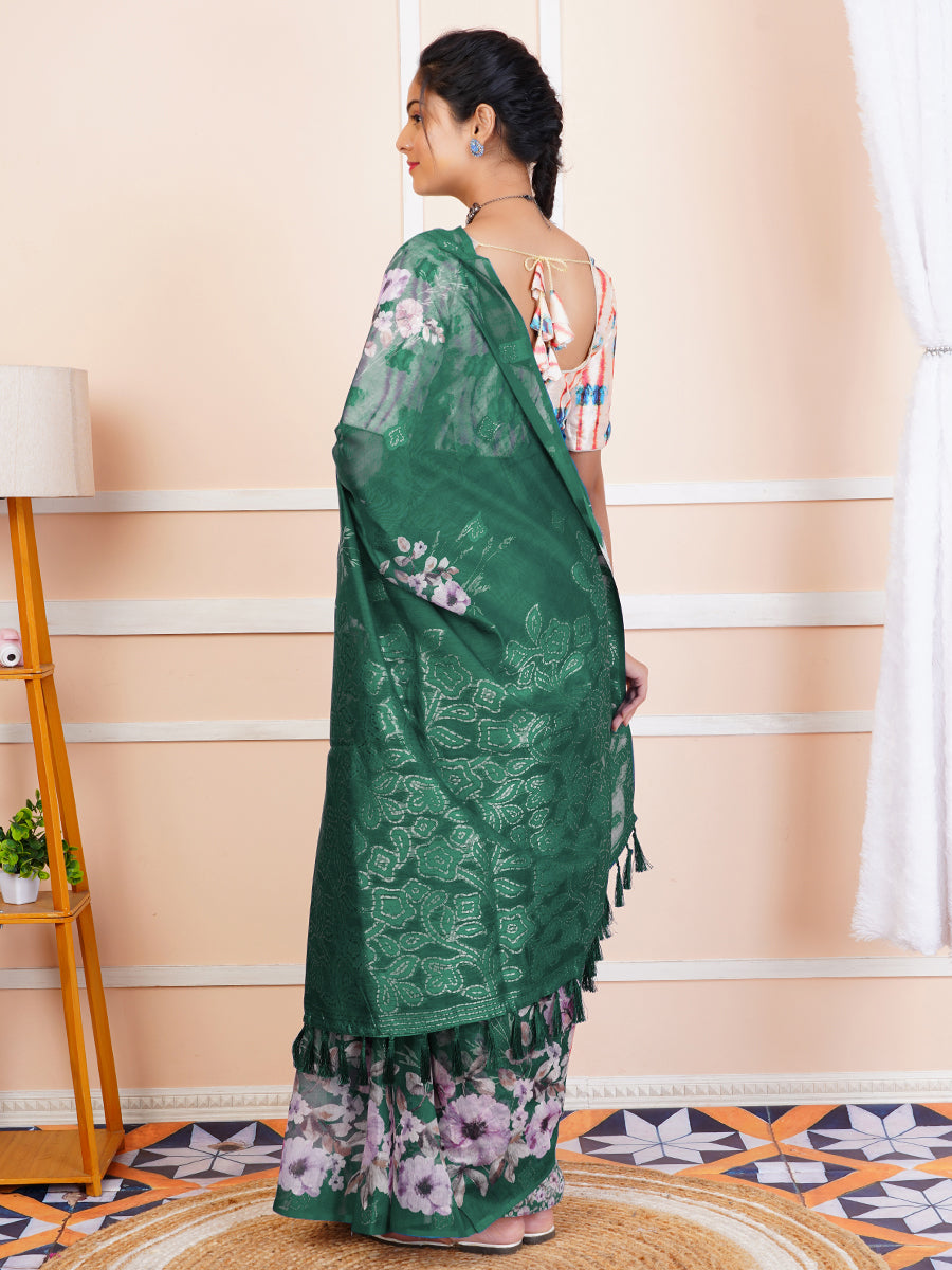 Women Chanderi Cotton Printed Saree Green SC06