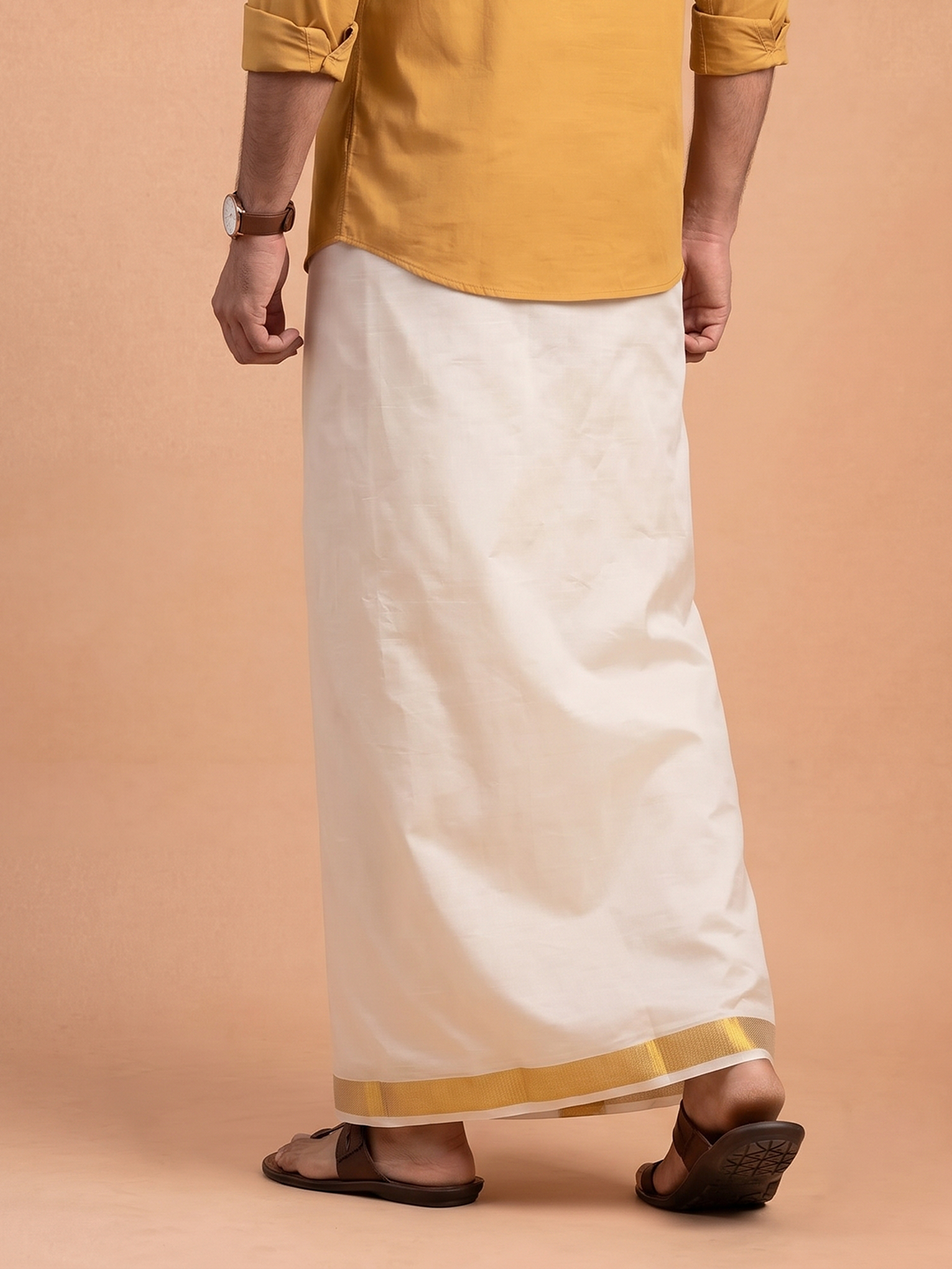 Double Layer Cotton Cream Kora Dhoti With Gold Jari Border - HF Gold HFG07