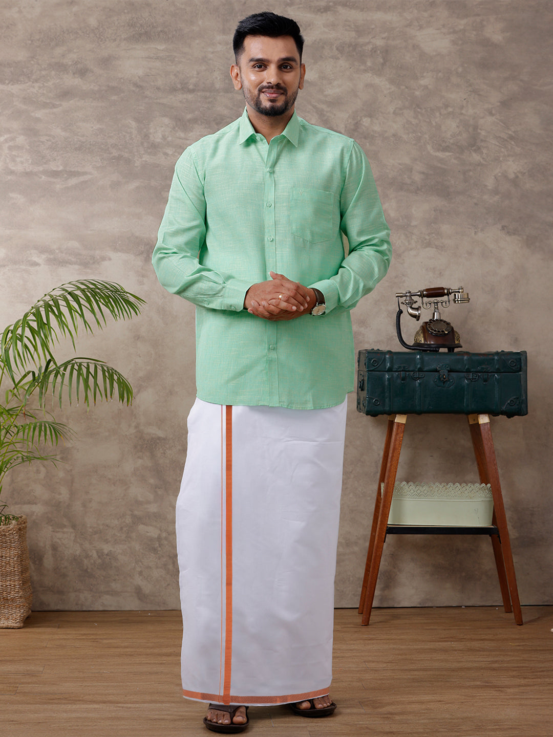 Mens Pista Green Shirt with Copper Jari Border White Dhoti Combo