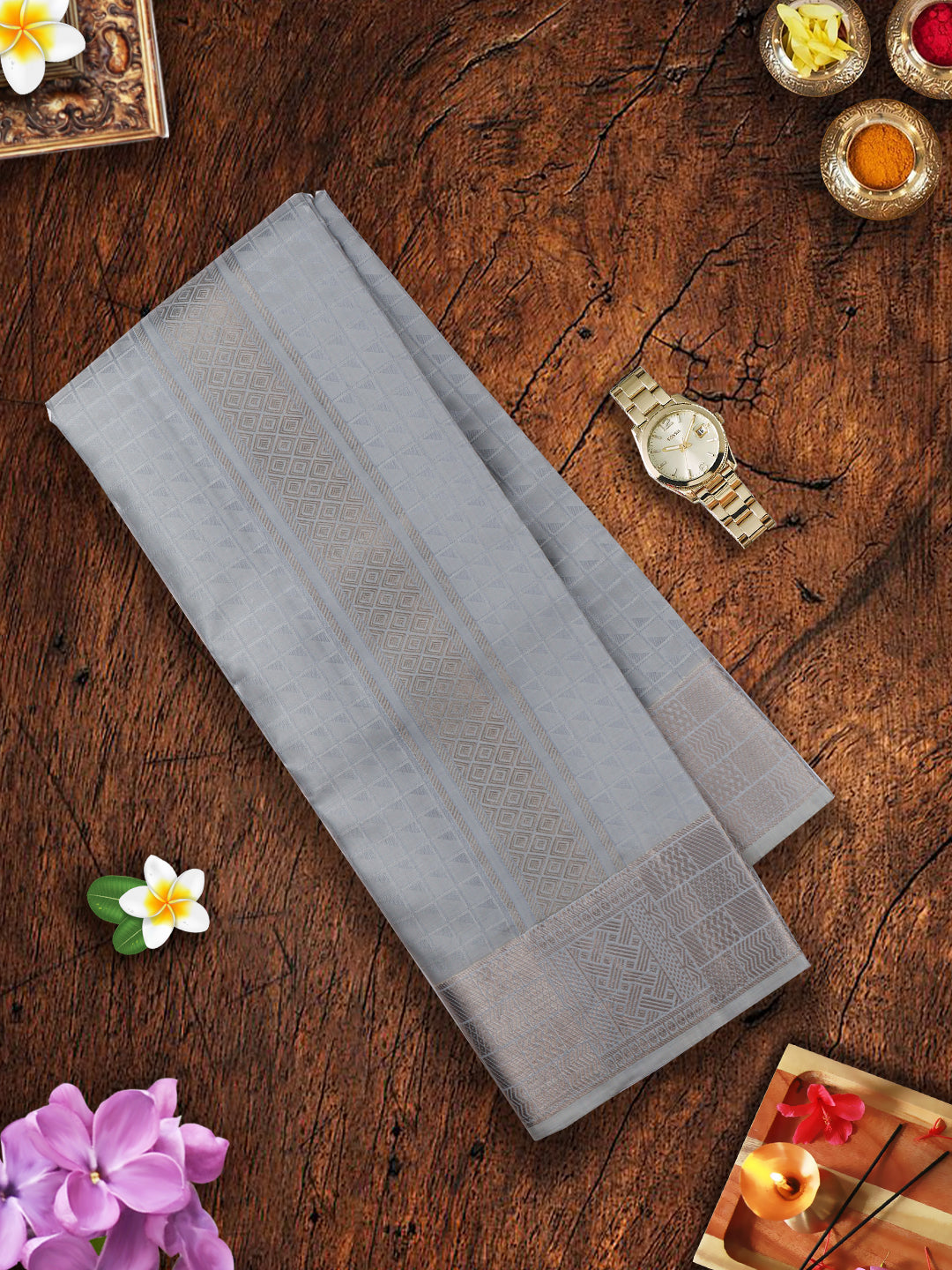Pure Silk 4" Grey Silver Jari Border Dhoti With Towel Thirukalyan-View two