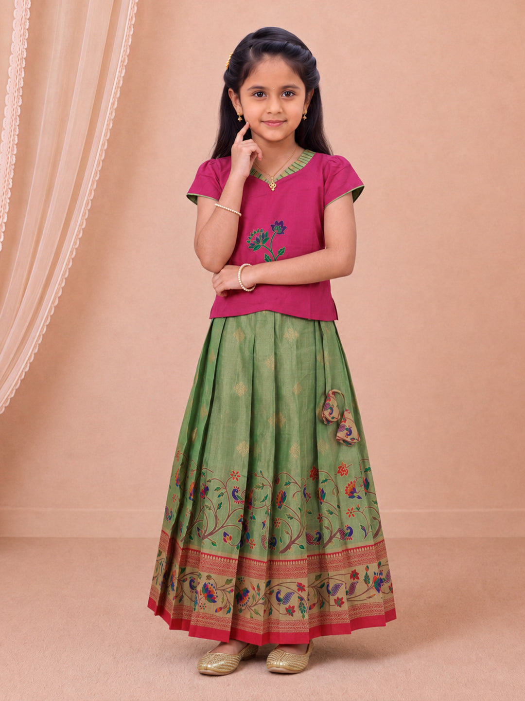 Girls Tissue Pink with Green Pattu Pavadai Set GPS66