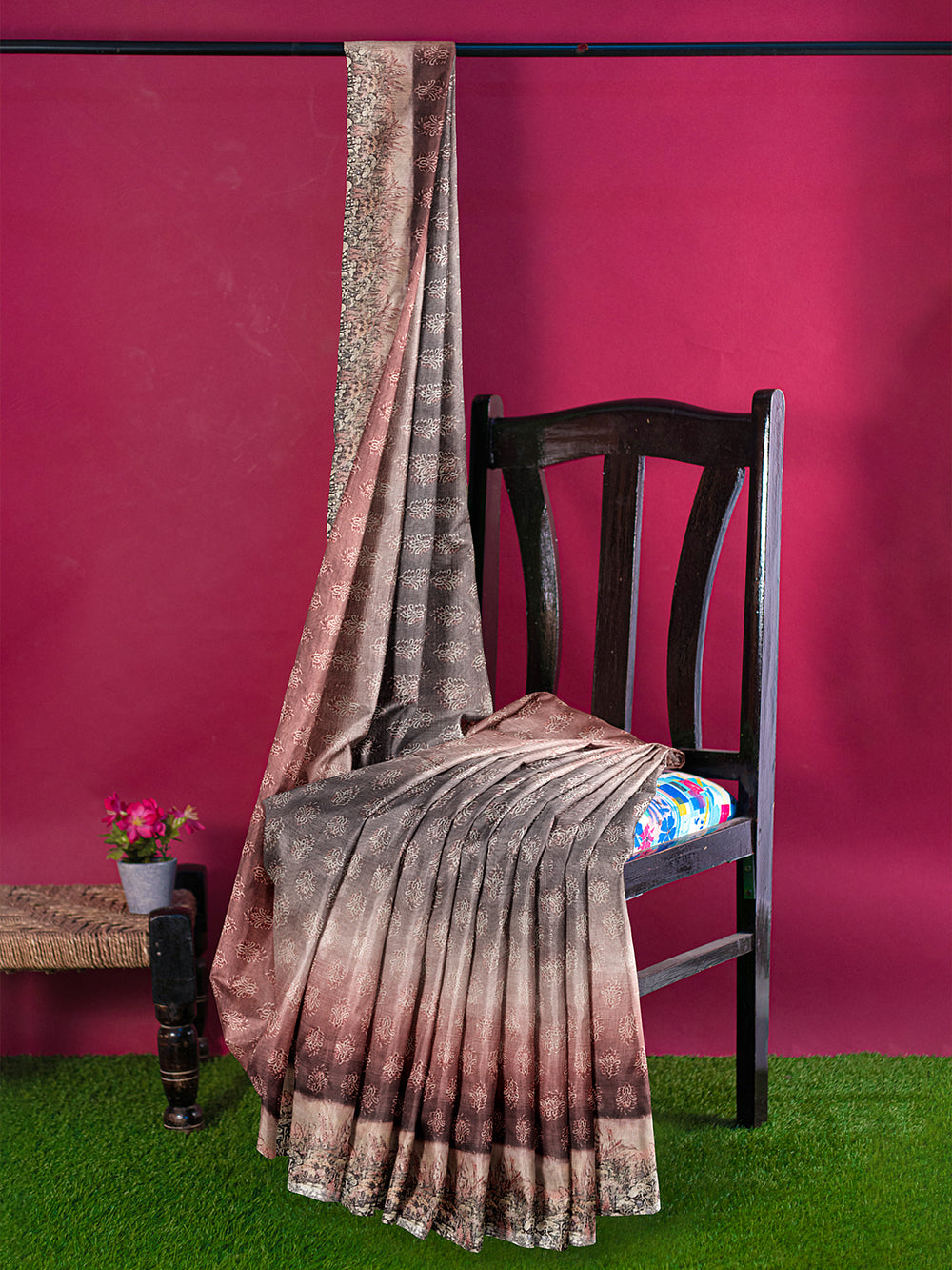Women Brown Semi Chanderi Cotton Printed Saree MP06