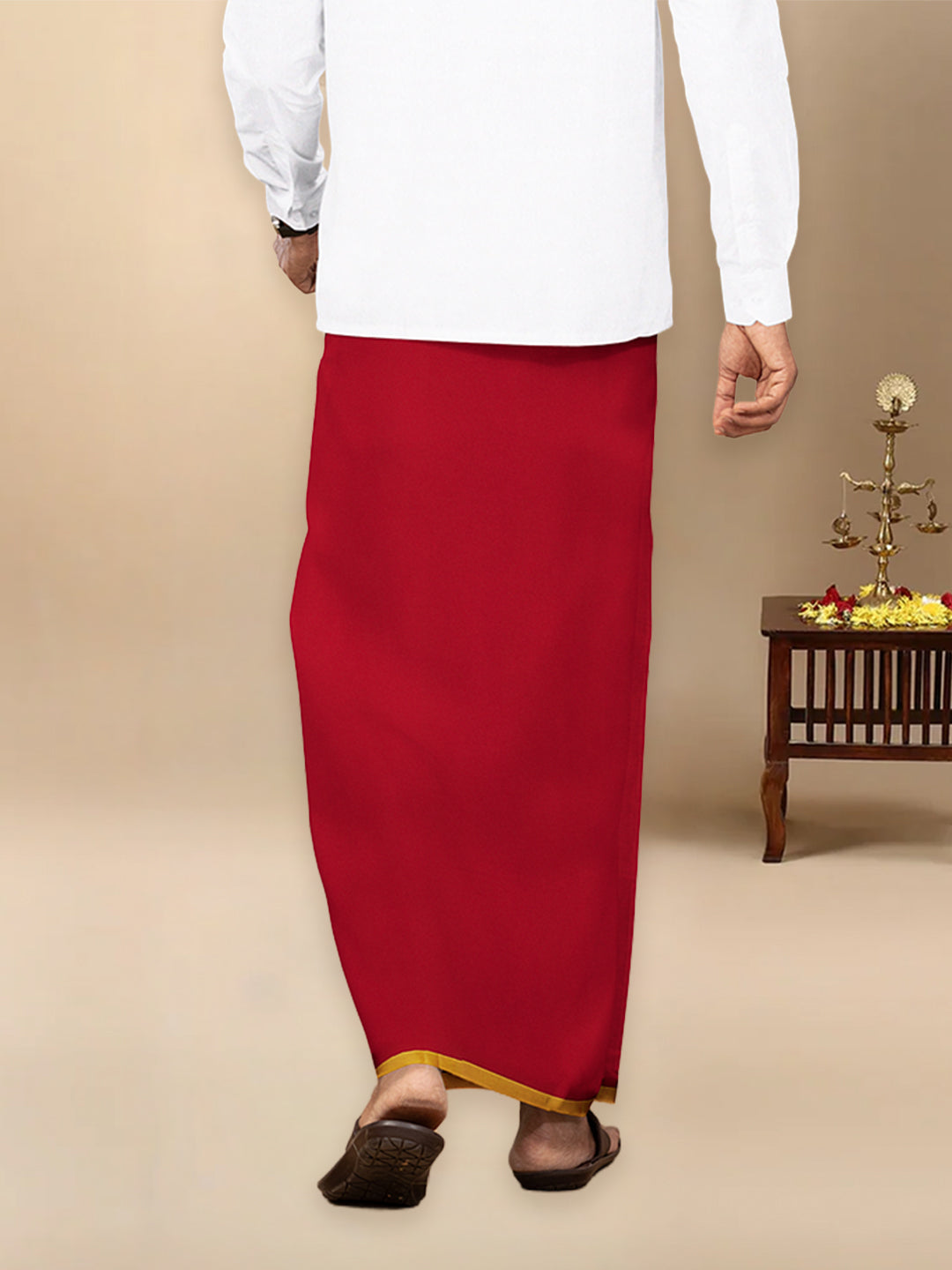 Men Cotton Blend Single Layer Red Dhoti & Towel Set with Yellow Border Poojan