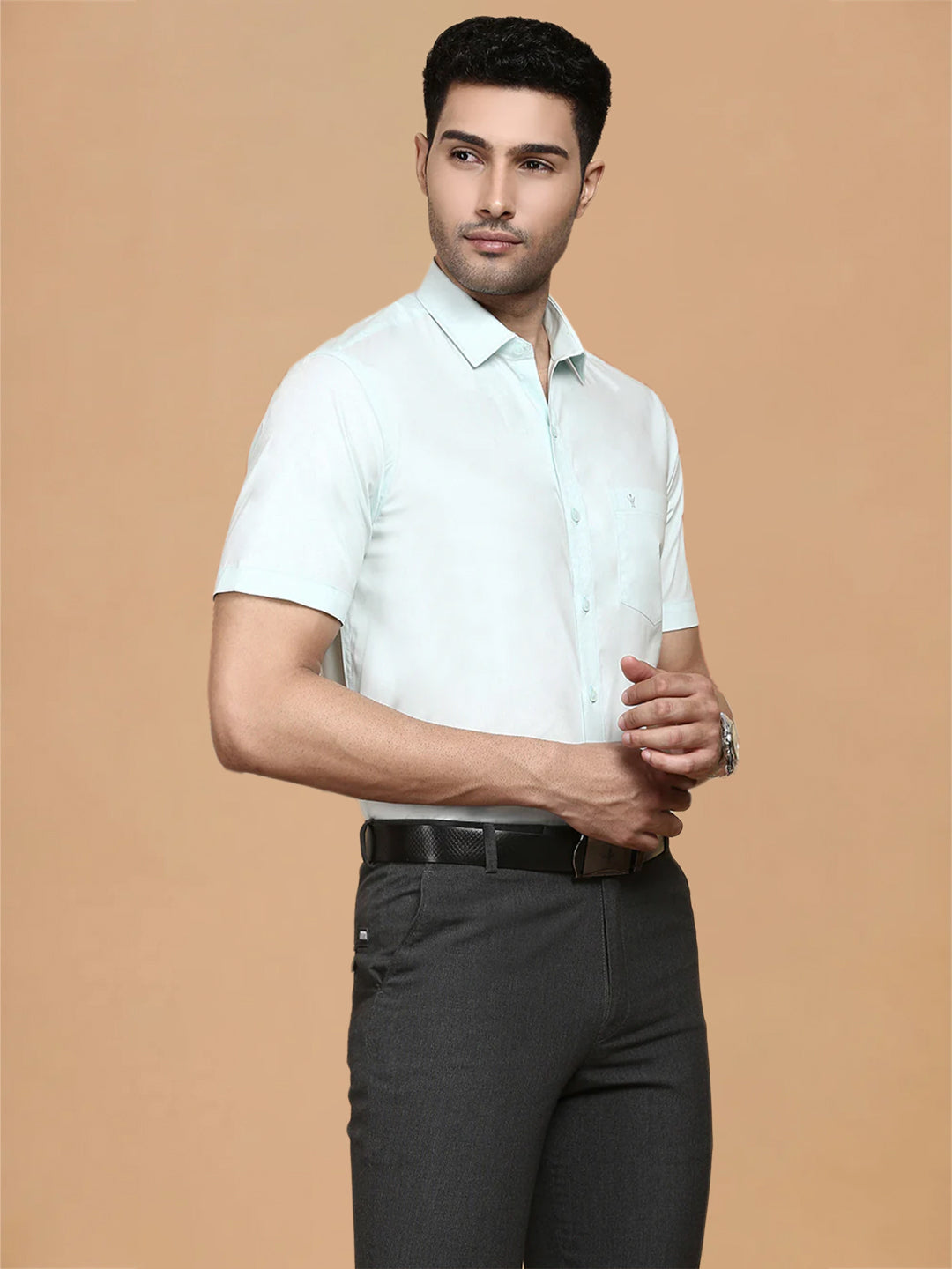 Cotton Spandex Pale Green 2 Way Stretch Smart Fit Shirt LY1