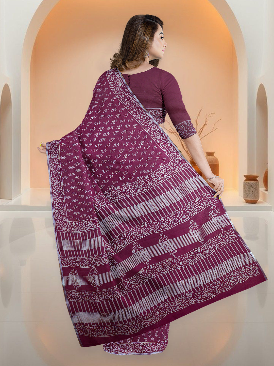 Women Grape Semi Tussar Printed Saree ST306