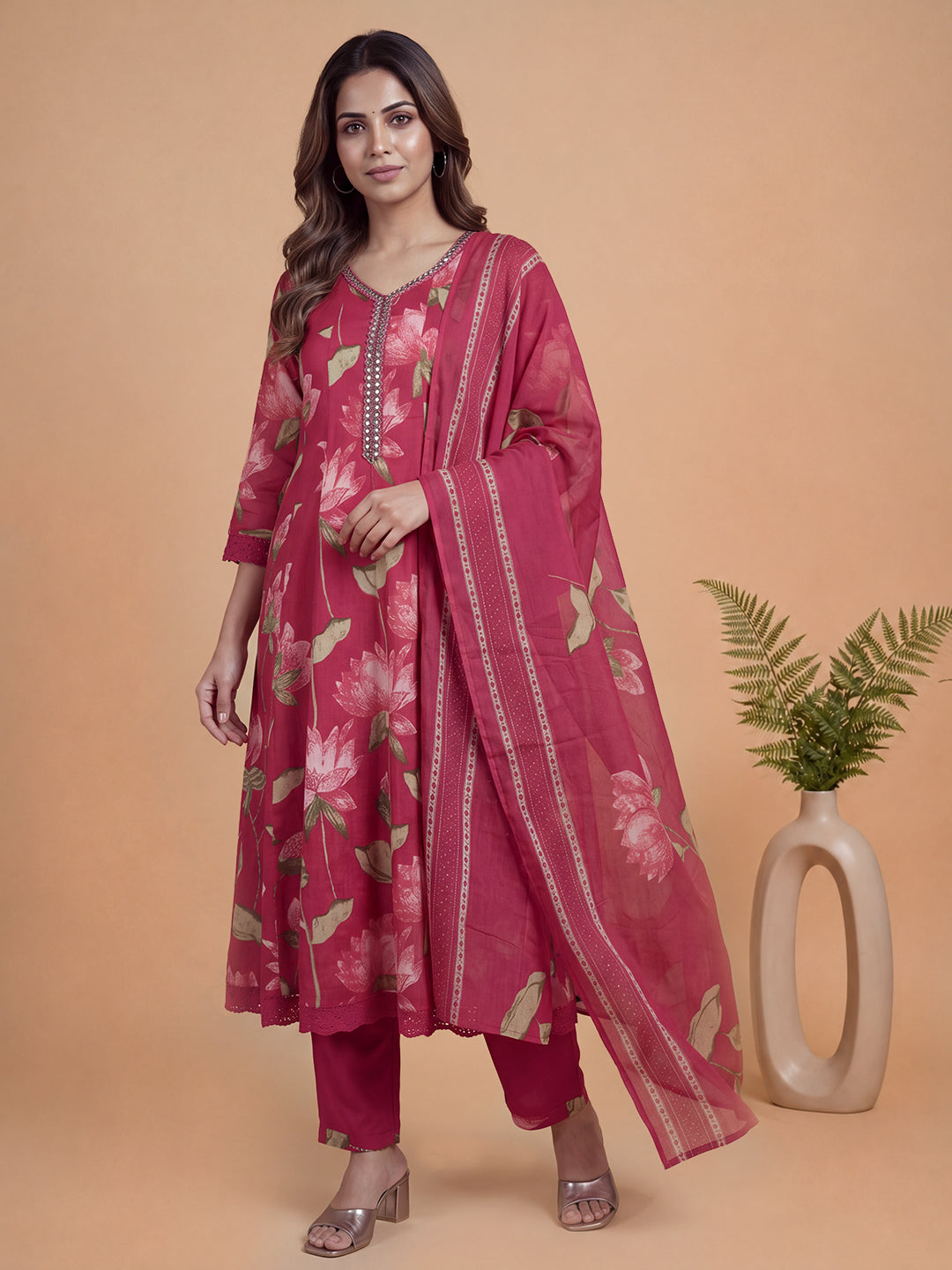 Women Printed & Embroidered Dark Pink Kurti Set EKS148