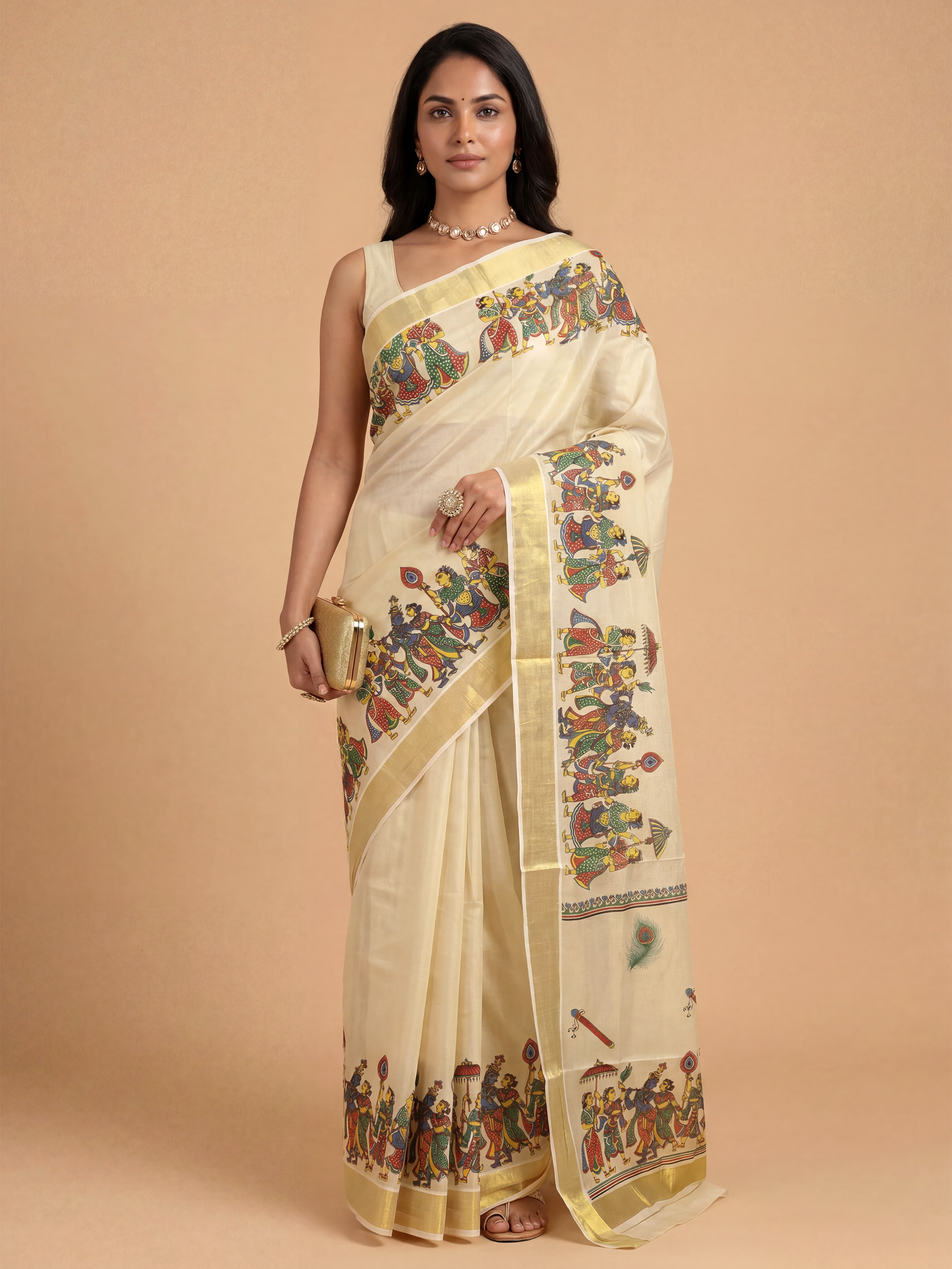 Women Kerala Peacock Printed Cream Saree KLS26