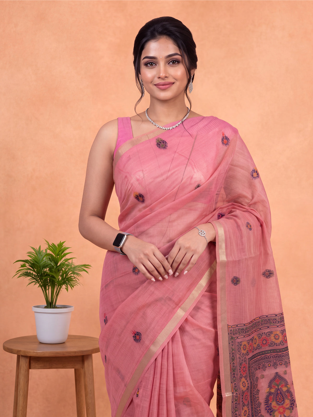 Women Spun Poly Pink Floral Printed Saree SP27
