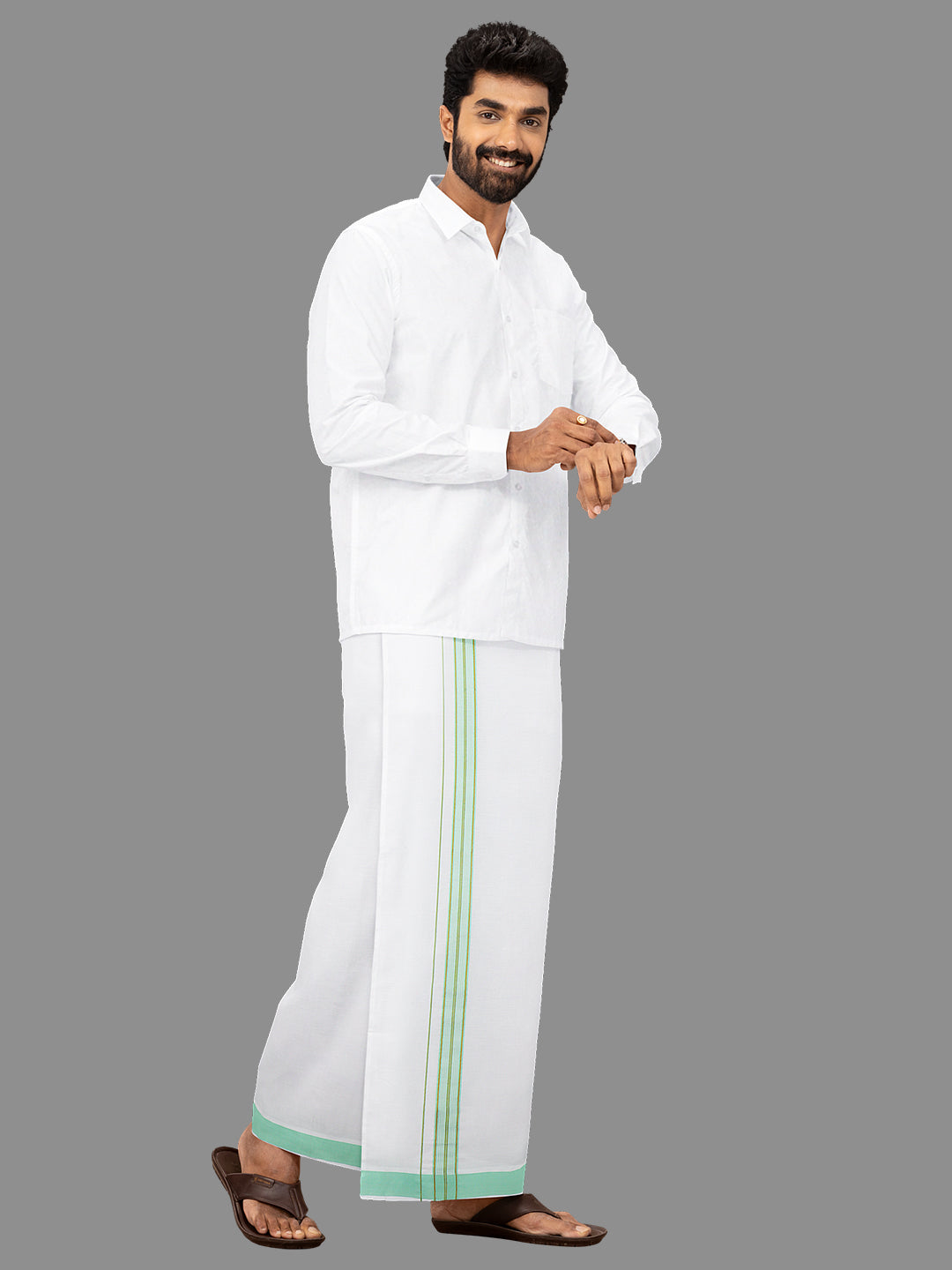 Men White with Green Fancy Jari Border Single Layer Dhoti YGF03