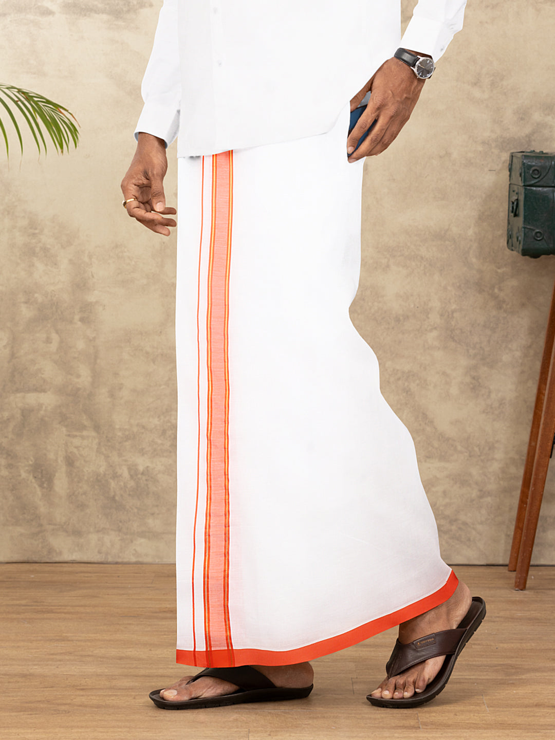 Men Cotton Blend Readymade Double Layer White Dhoti with Fancy Jari Border GFDA13