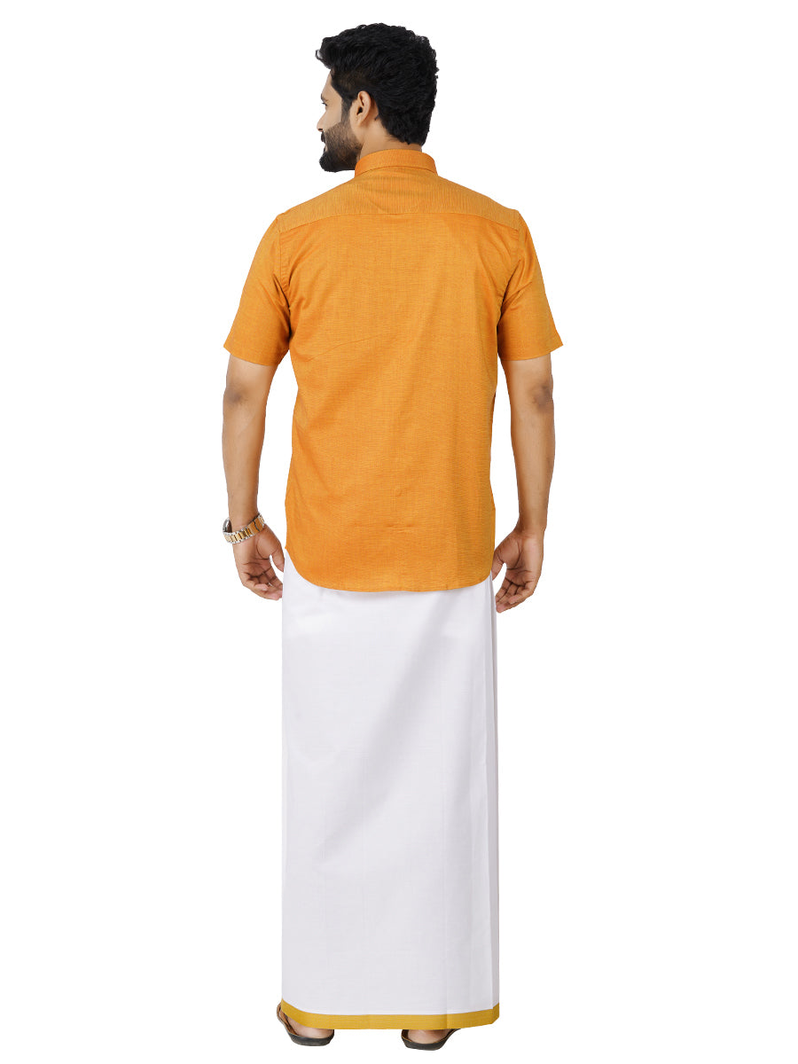 Mens Cotton Matching Border Dhoti & Half Sleeves Shirt Golden Set GL7-Back view