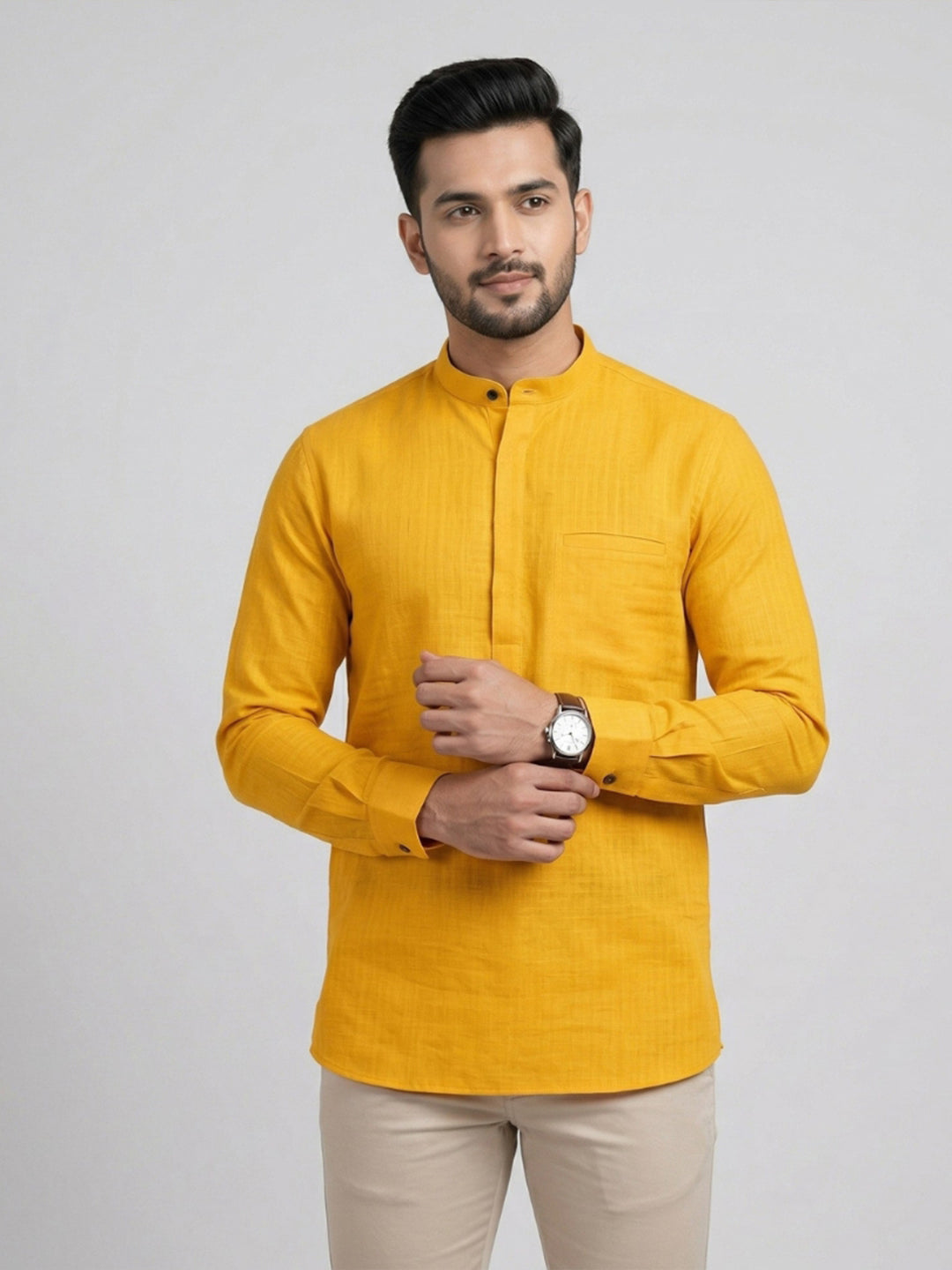 Men Cotton Short Length Self Design Pocket Kurta Mango Yellow Y28