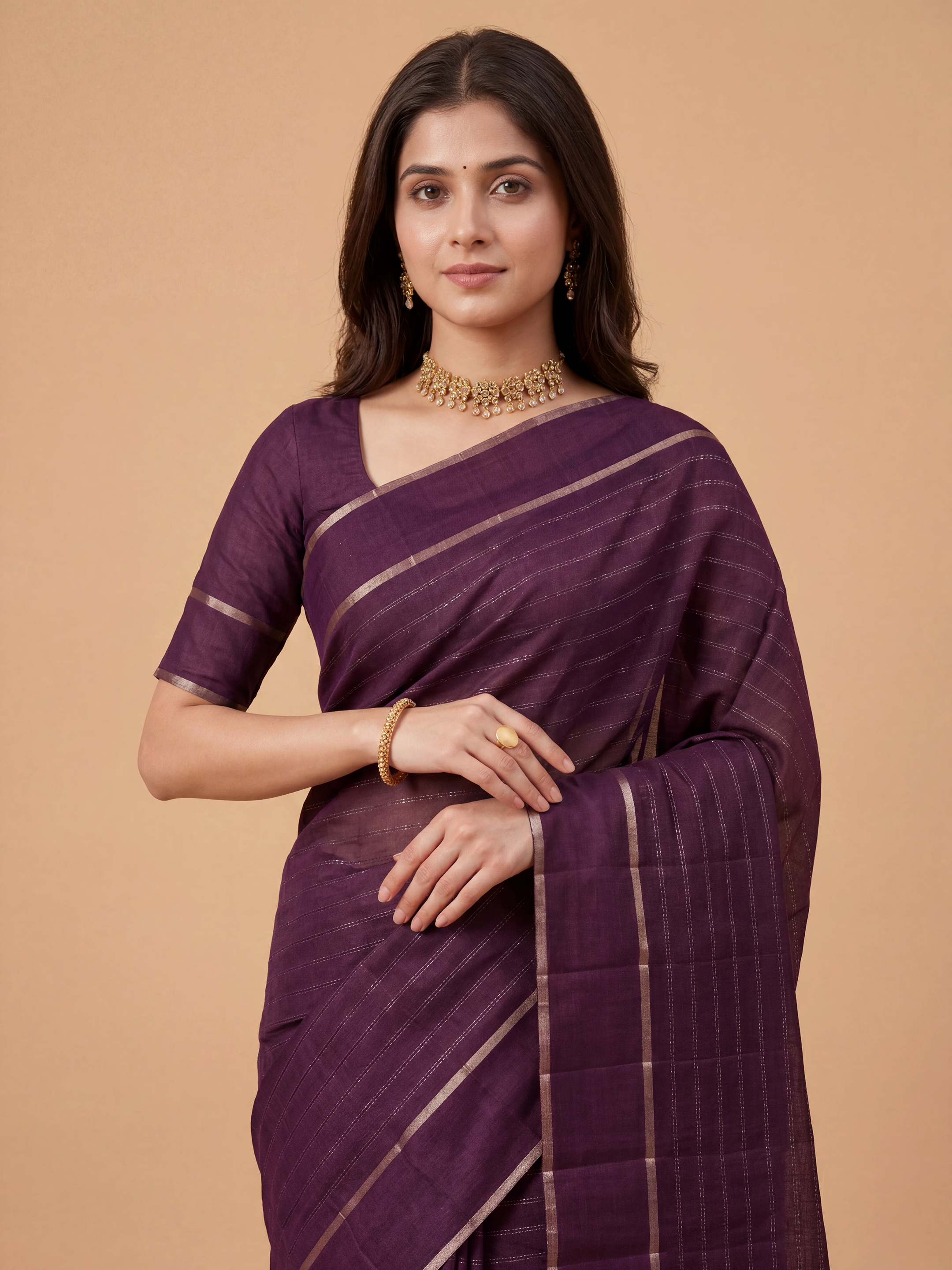 Women Semi Tussar Dark Violet Saree ST331