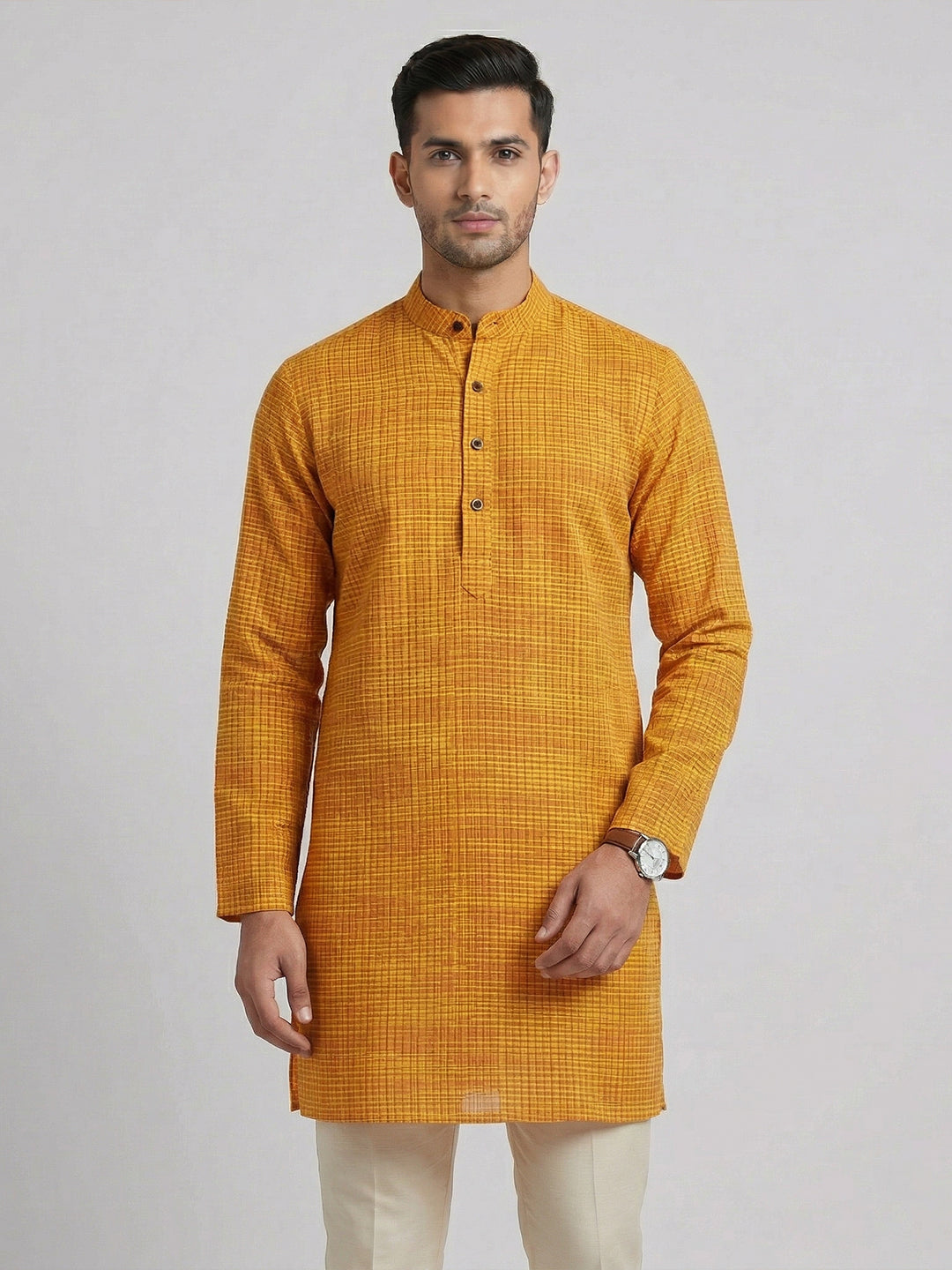 Men Cotton Medium Length Self Design Pocket Kurta Orange Y1