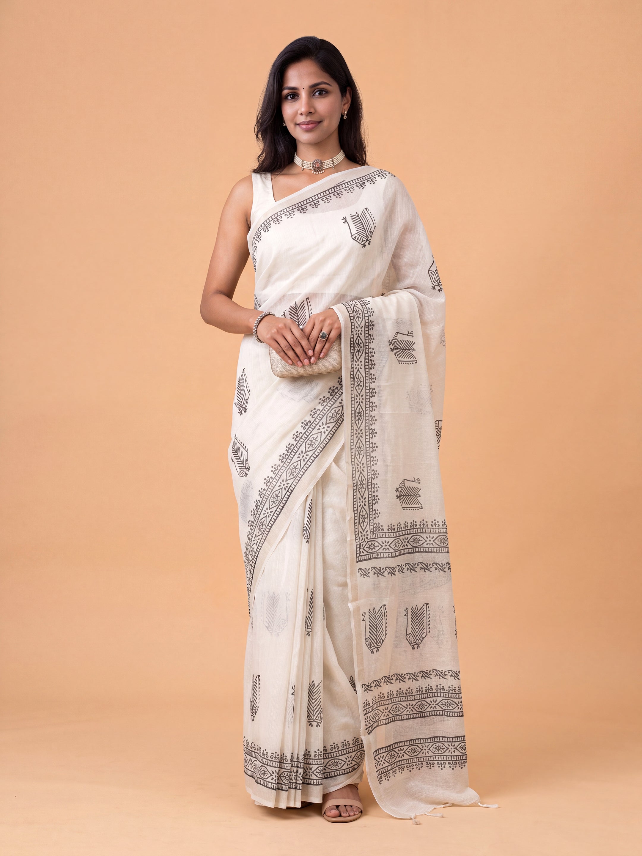 Women White Semi Chanderi Cotton Printed Saree SC83