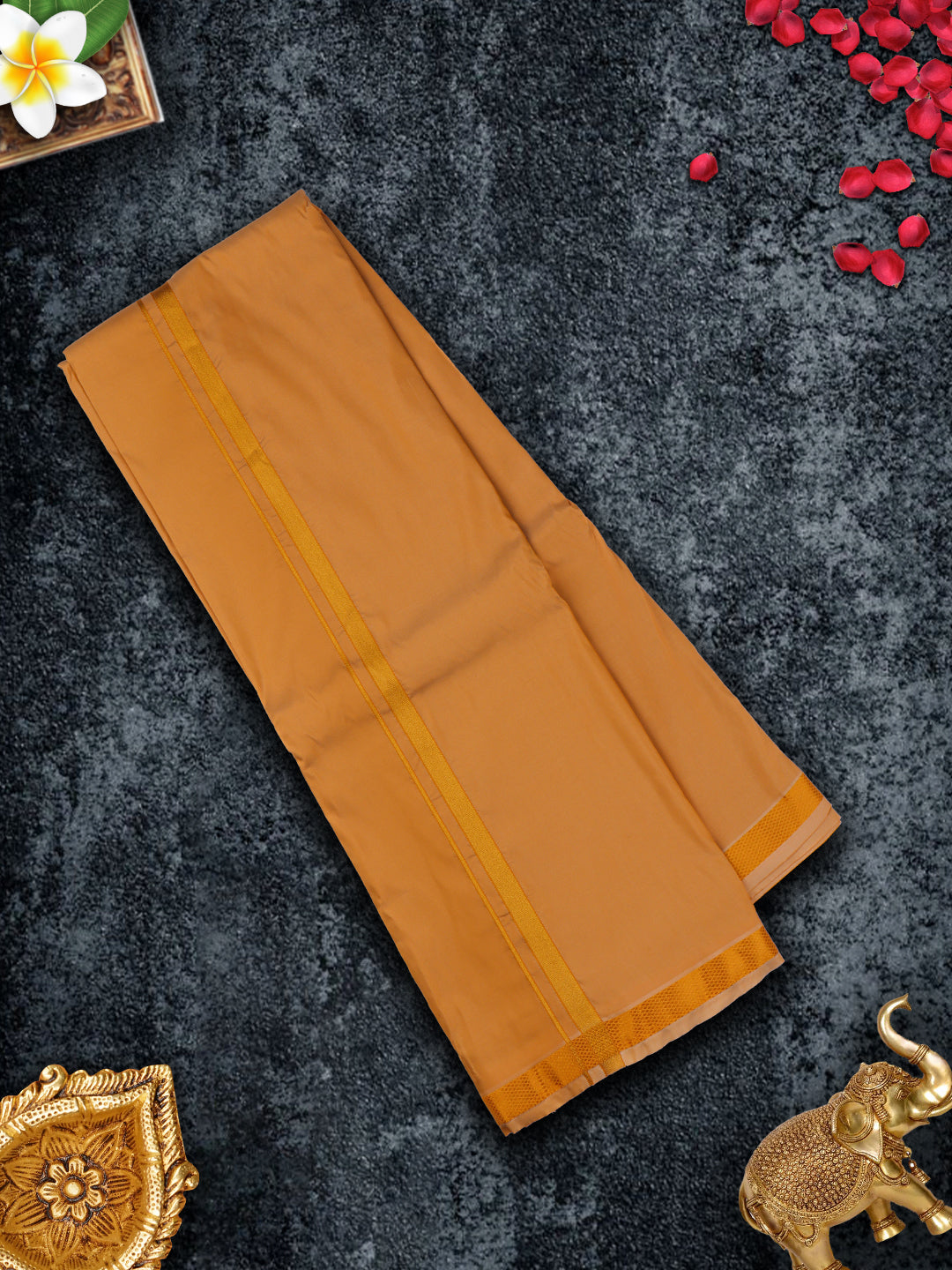 Mens Premium Art Silk Dark Sandal Shirting & Gold Jari Border Panchakacham Set 9+5 Ashirwath-View three