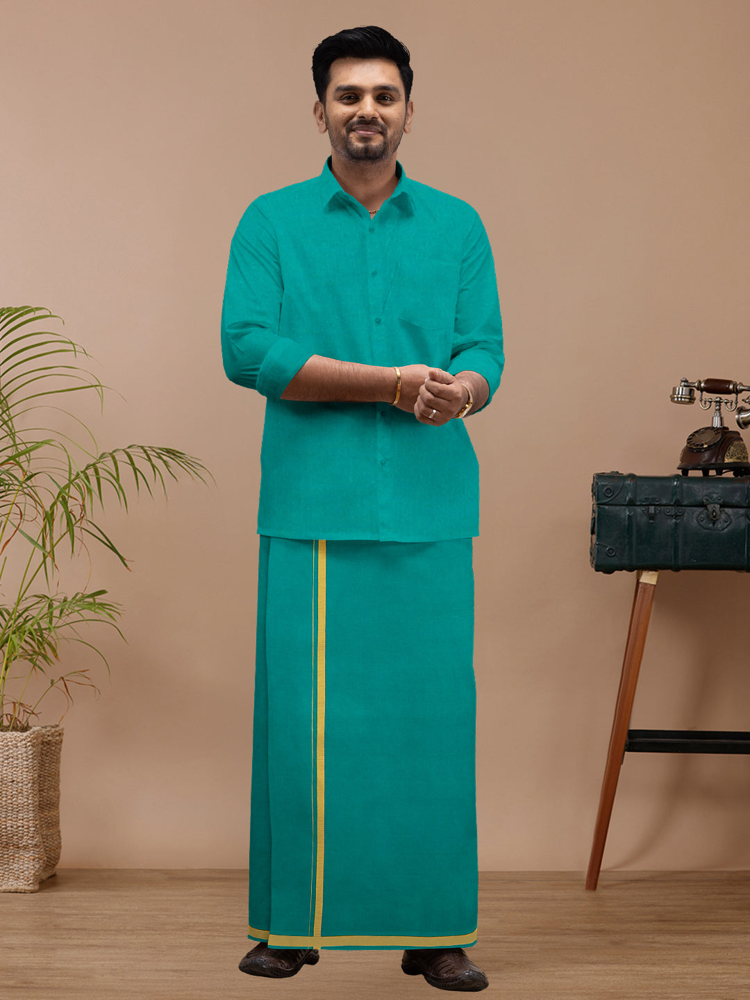Men Cotton Blend Single Layer Green Dhoti & Towel Set with Assorted Border Spiritual