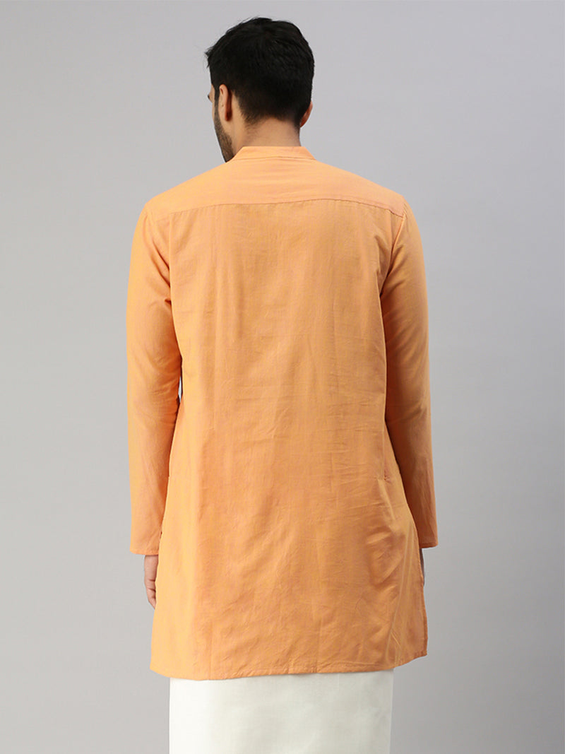 Mens Full Sleeves Plain Orange Medium Length Pocket Kurta J9