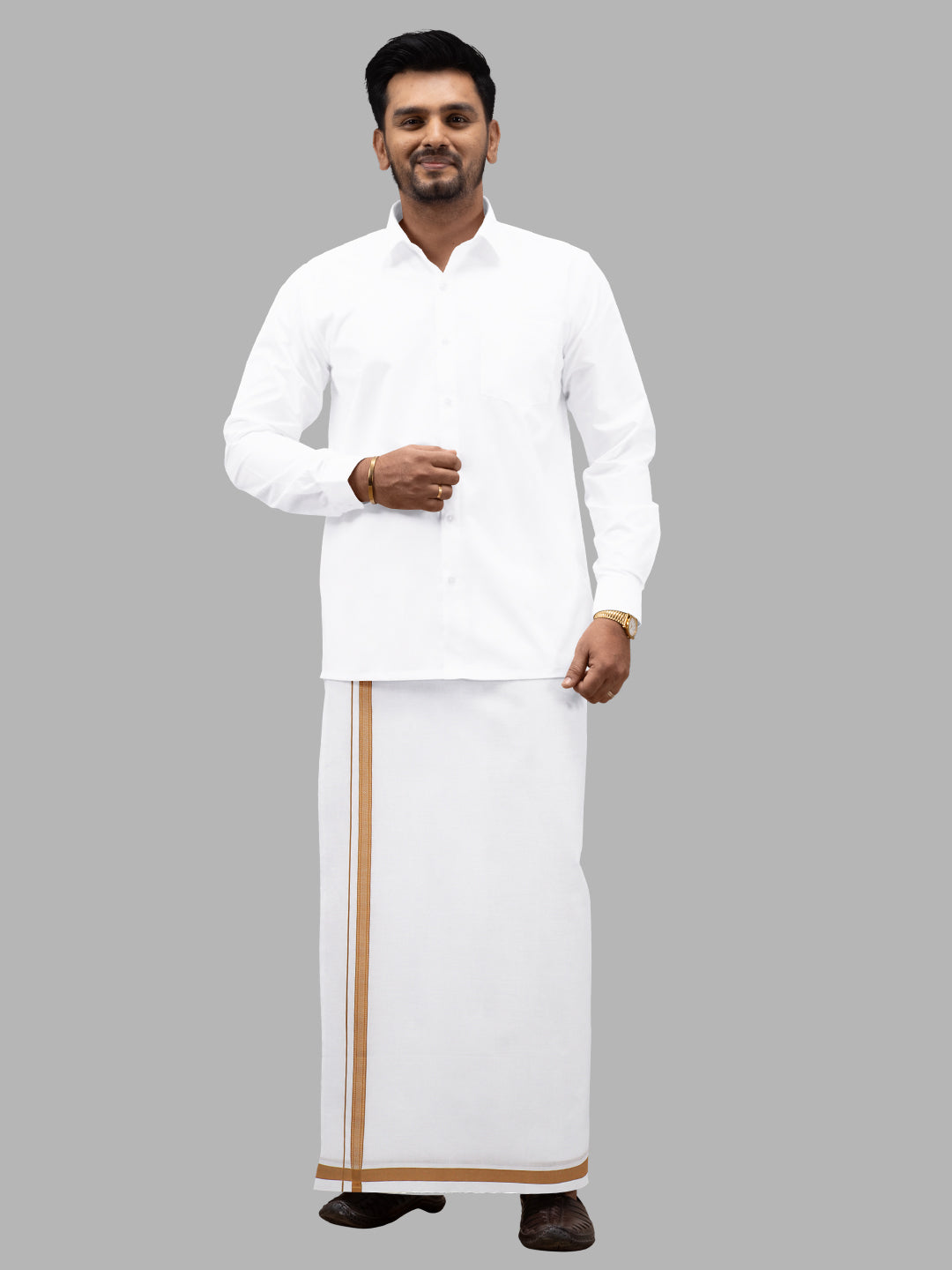 Men Mustard Fancy Border Single Layer White Dhoti PF02