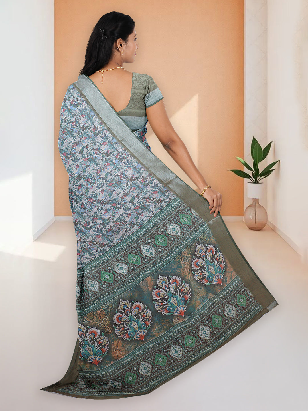 Women Light Green Semi Linen Saree SL225