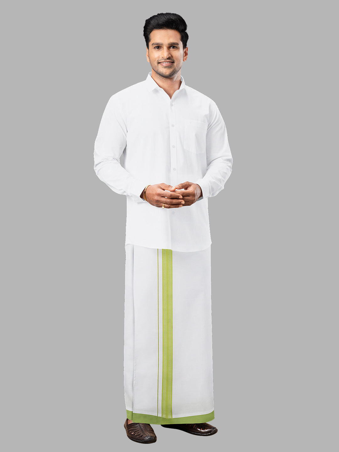 Men Green Fancy Border Single Layer Adjustable Pocket Dhoti GACF15