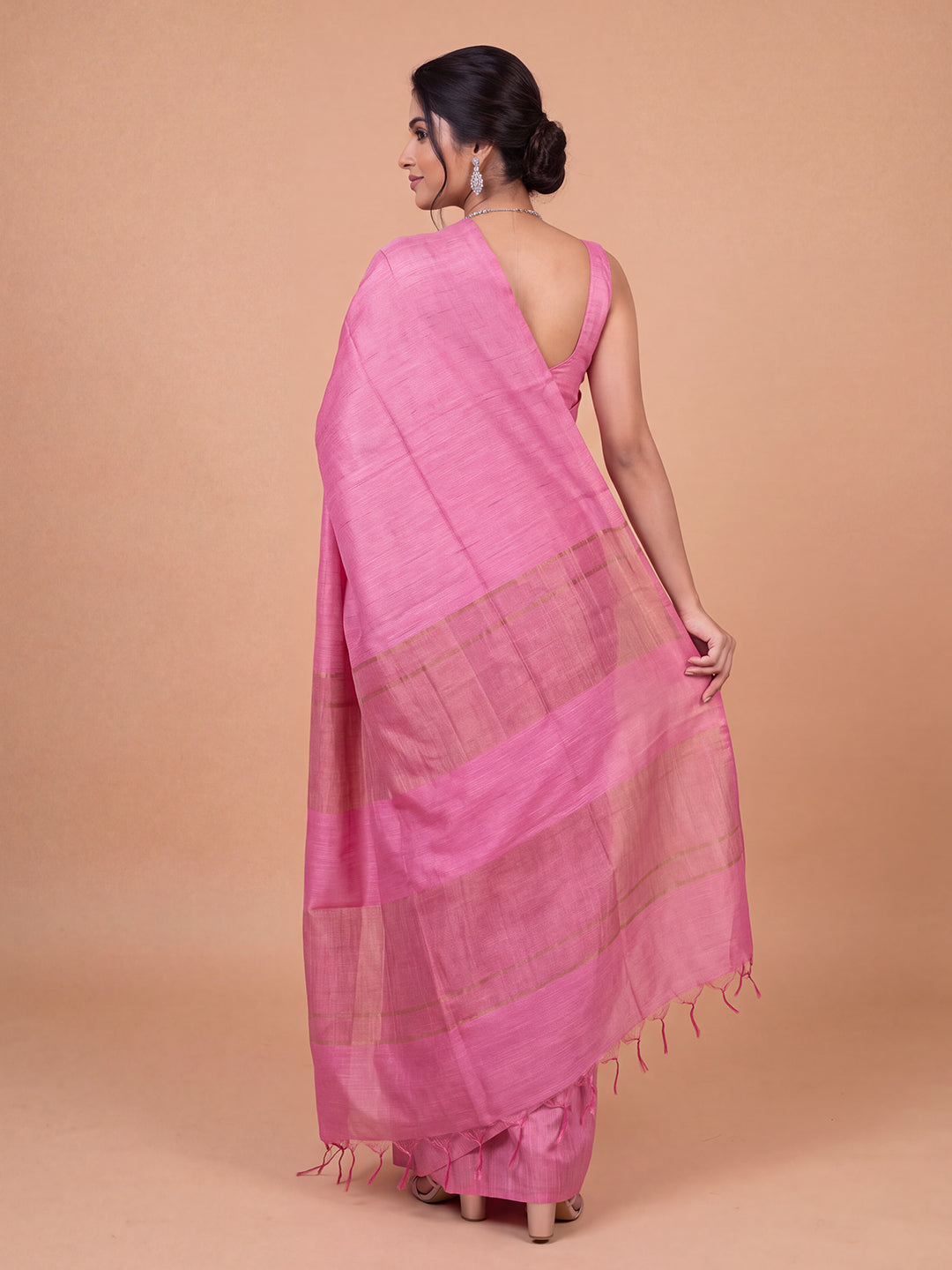 Women Semi Tussar Dark Pink Striped Saree ST360