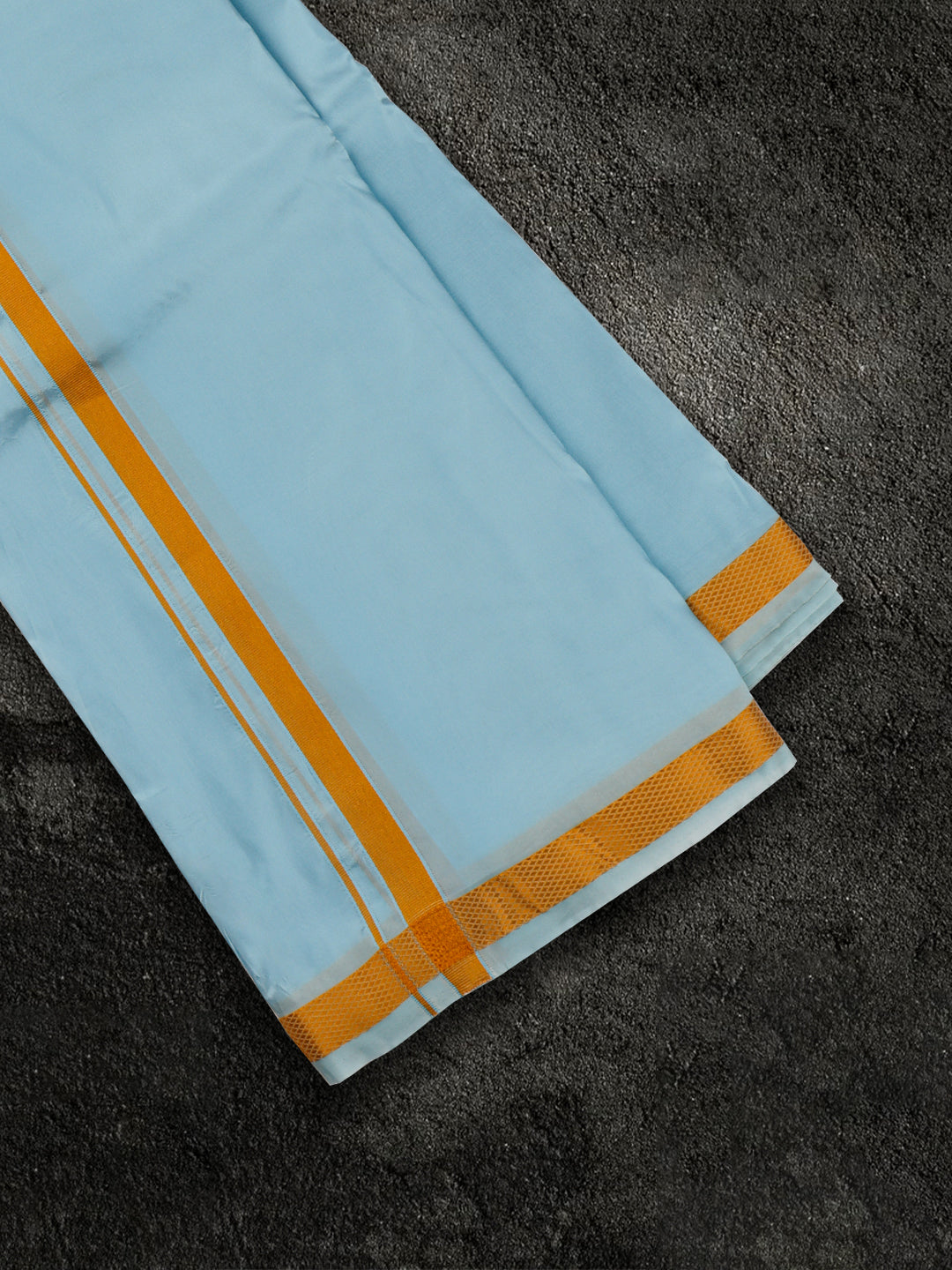 Men Art Silk Sky Blue Shirting & Panchakacham Set with Gold Jari Border 9+5 Ashirwath