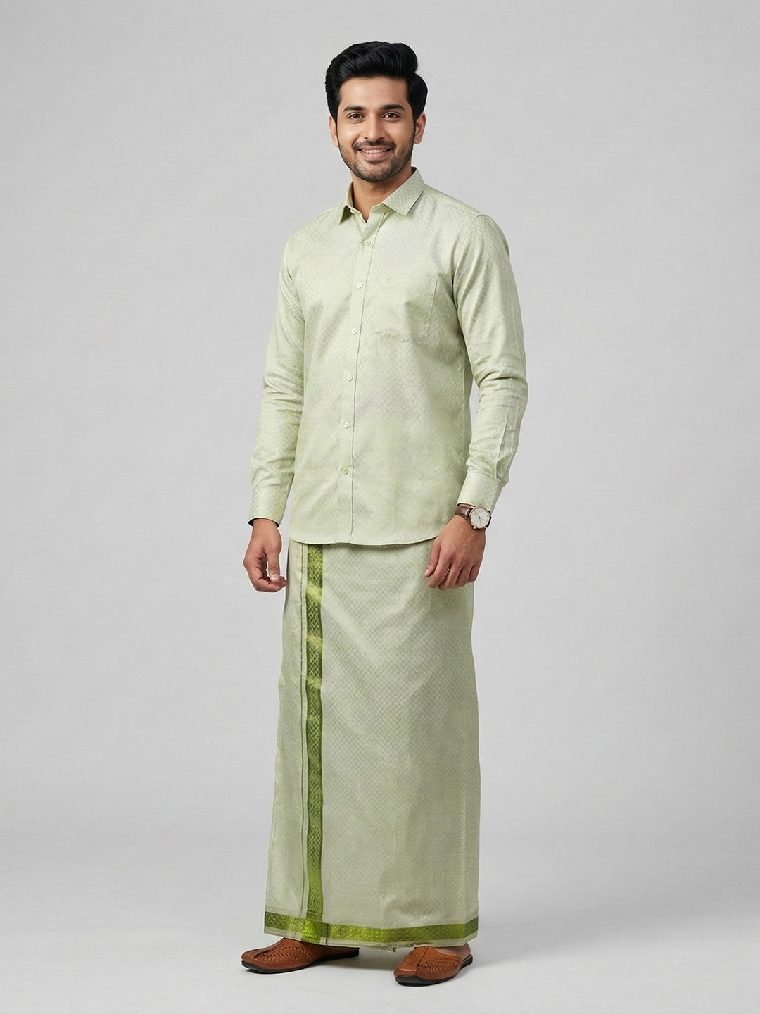 Men Moss Green Tissue Jacquard Shirt with Readymade Dhoti Set MGD12
