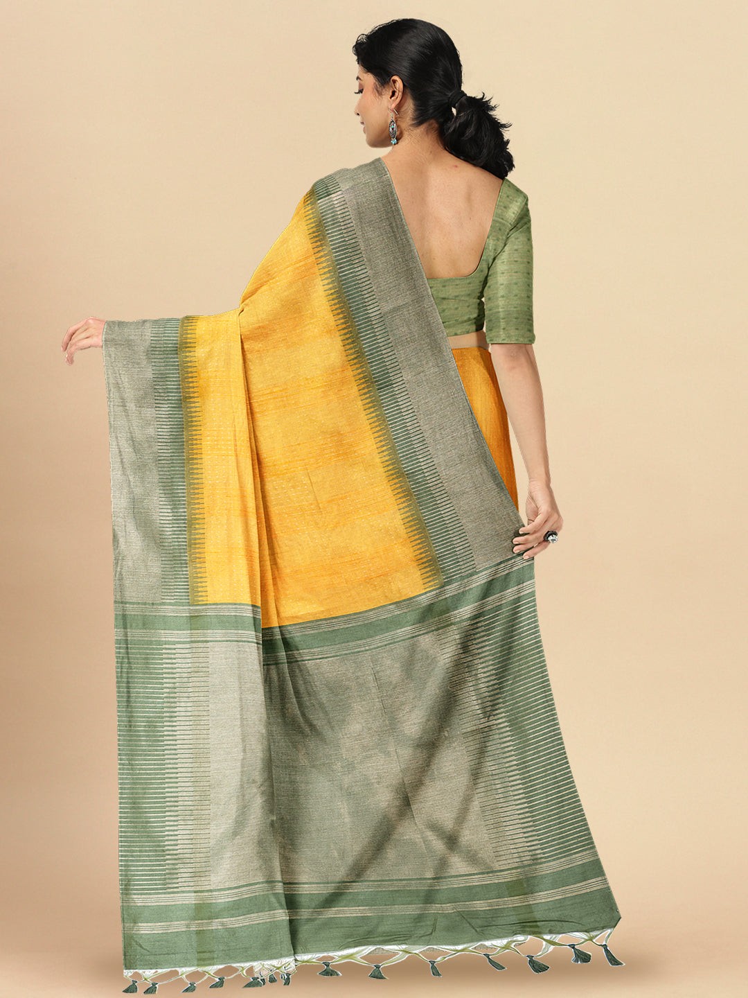 Women Rich Look Yellow with Green Semi Raw Silk Weaving Saree - SRS40