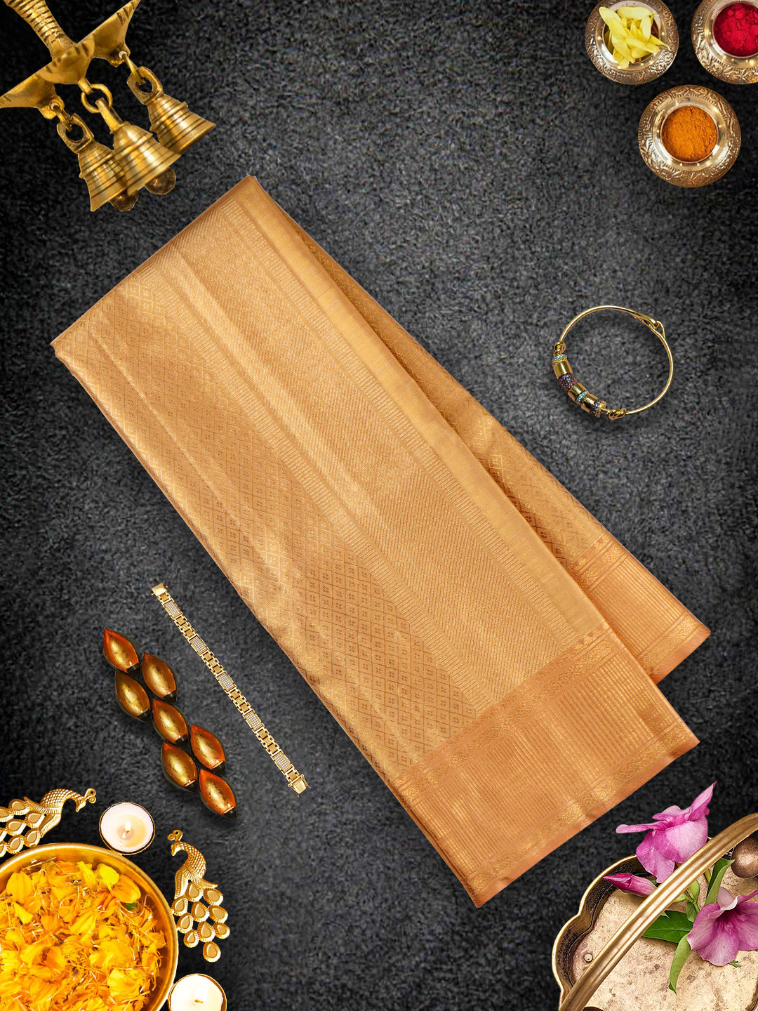 Mens Premium Pure Silk Copper Colour Shirting with 5" Pure Gold Jari Dhoti & Angavasthram Set Rajadharbar-View two
