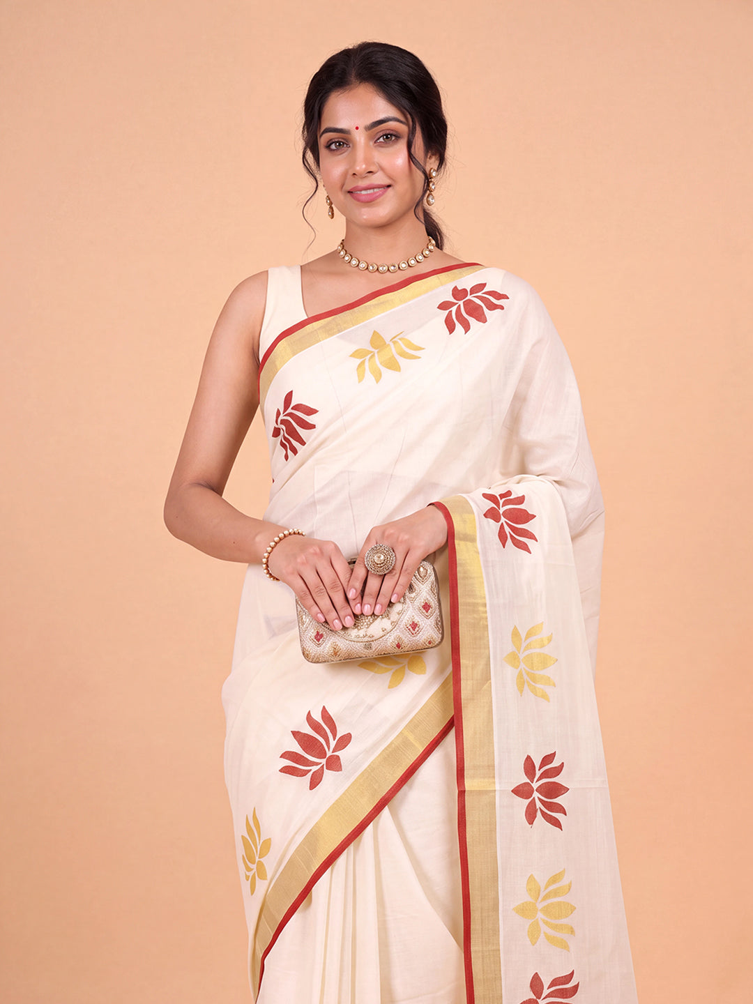Women Kora Cotton Cream Printed Saree with Gold Jari KLS62